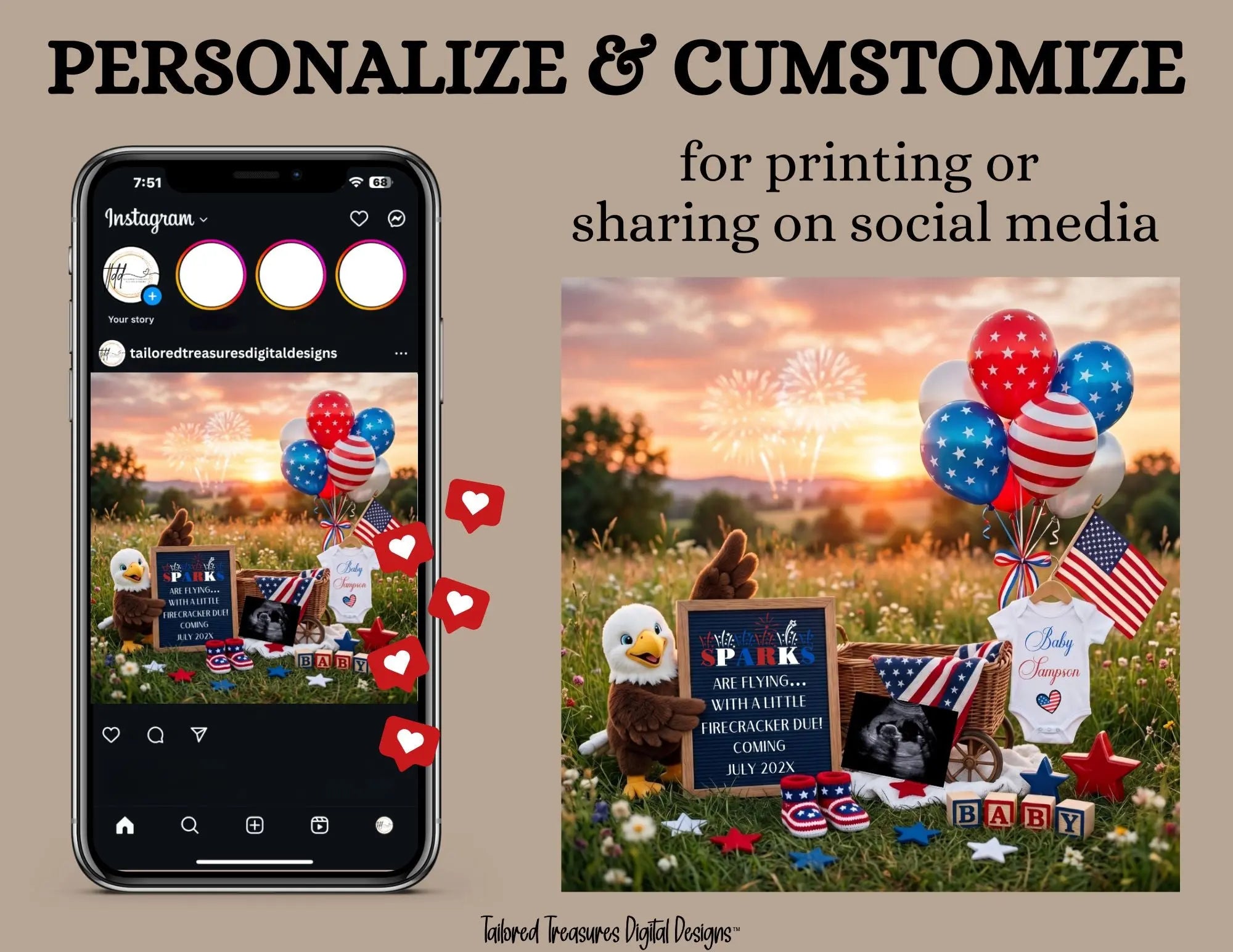 Sparks Are Flying – July 4th Firecracker Pregnancy Announcement Template - Fully Editable Canva Download TailoredTreasuresDigitalDesigns™
