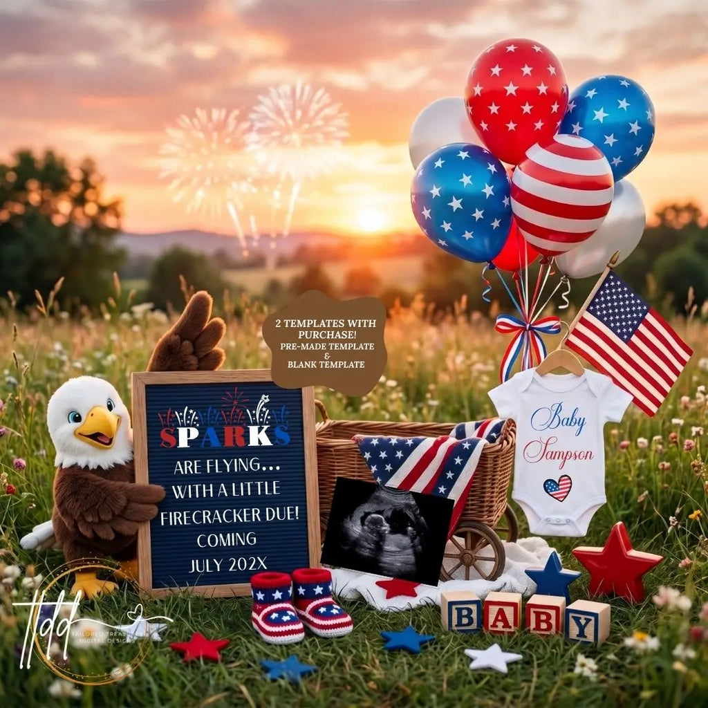 Sparks Are Flying – July 4th Firecracker Pregnancy Announcement Template - Fully Editable Canva Download TailoredTreasuresDigitalDesigns™