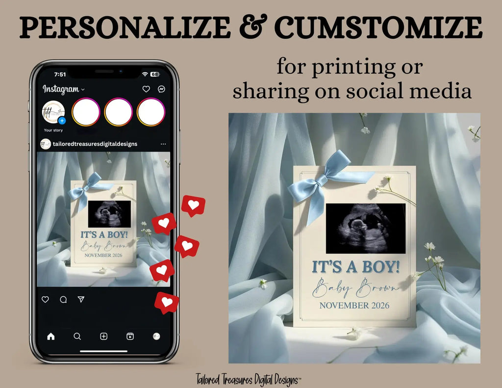 It's A Boy, Minimalist Photo Boy Digital Gender Reveal, Customizable Personalized Editable Template TailoredTreasuresDigitalDesigns™