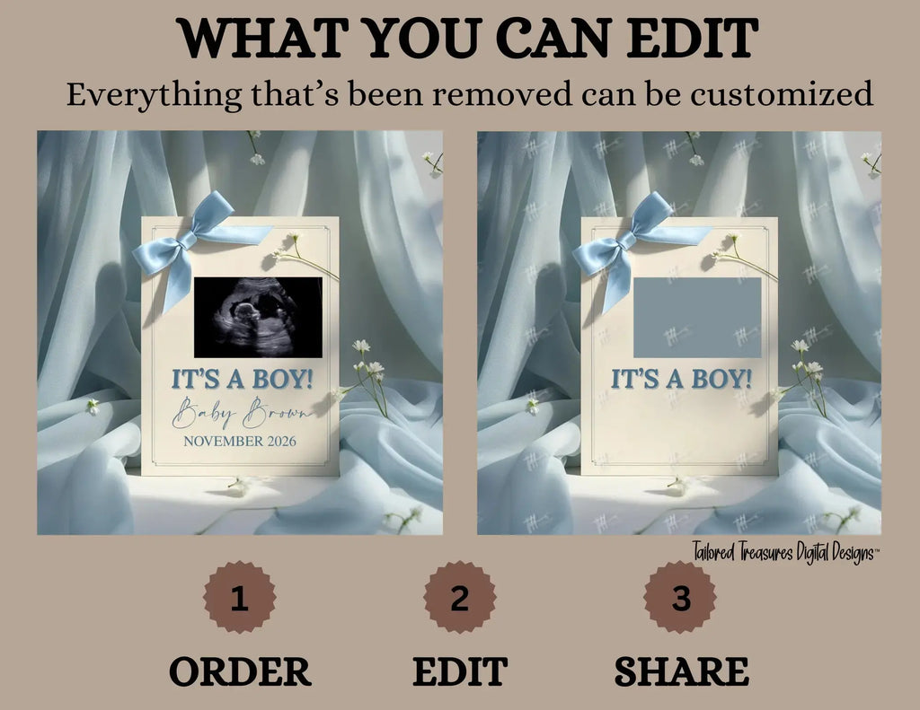It's A Boy, Minimalist Photo Boy Digital Gender Reveal, Customizable Personalized Editable Template TailoredTreasuresDigitalDesigns™