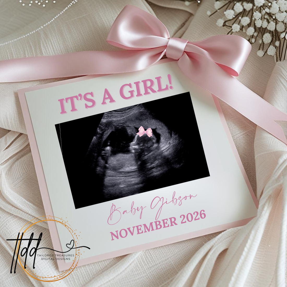 Digital Baby Girl Pregnancy Announcement, It’s A Girl, Gender Reveal, Customizable Personalized Editable Template TailoredTreasuresDigitalDesigns™