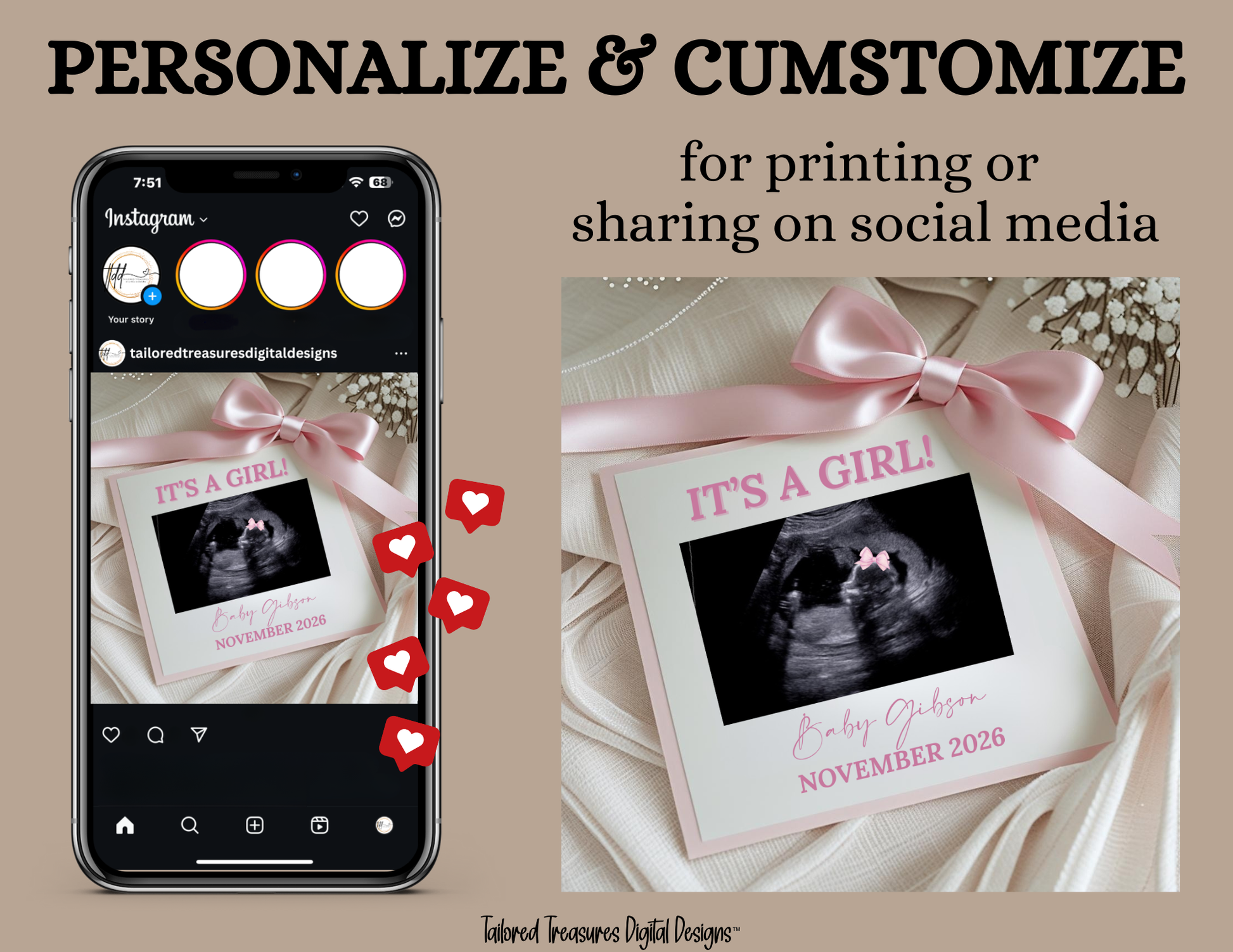 Digital Baby Girl Pregnancy Announcement, It’s A Girl, Gender Reveal, Customizable Personalized Editable Template TailoredTreasuresDigitalDesigns™