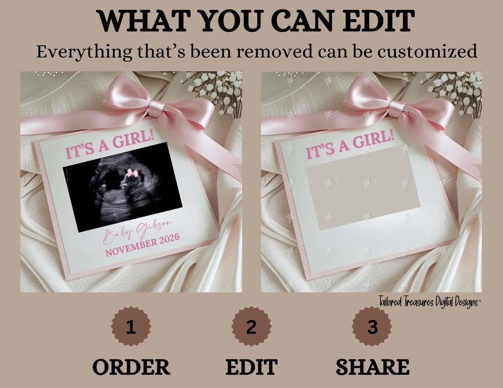 It's A Girl, Minimalist Photo Girl Digital Gender Reveal, Customizable Personalized Editable Template TailoredTreasuresDigitalDesigns™