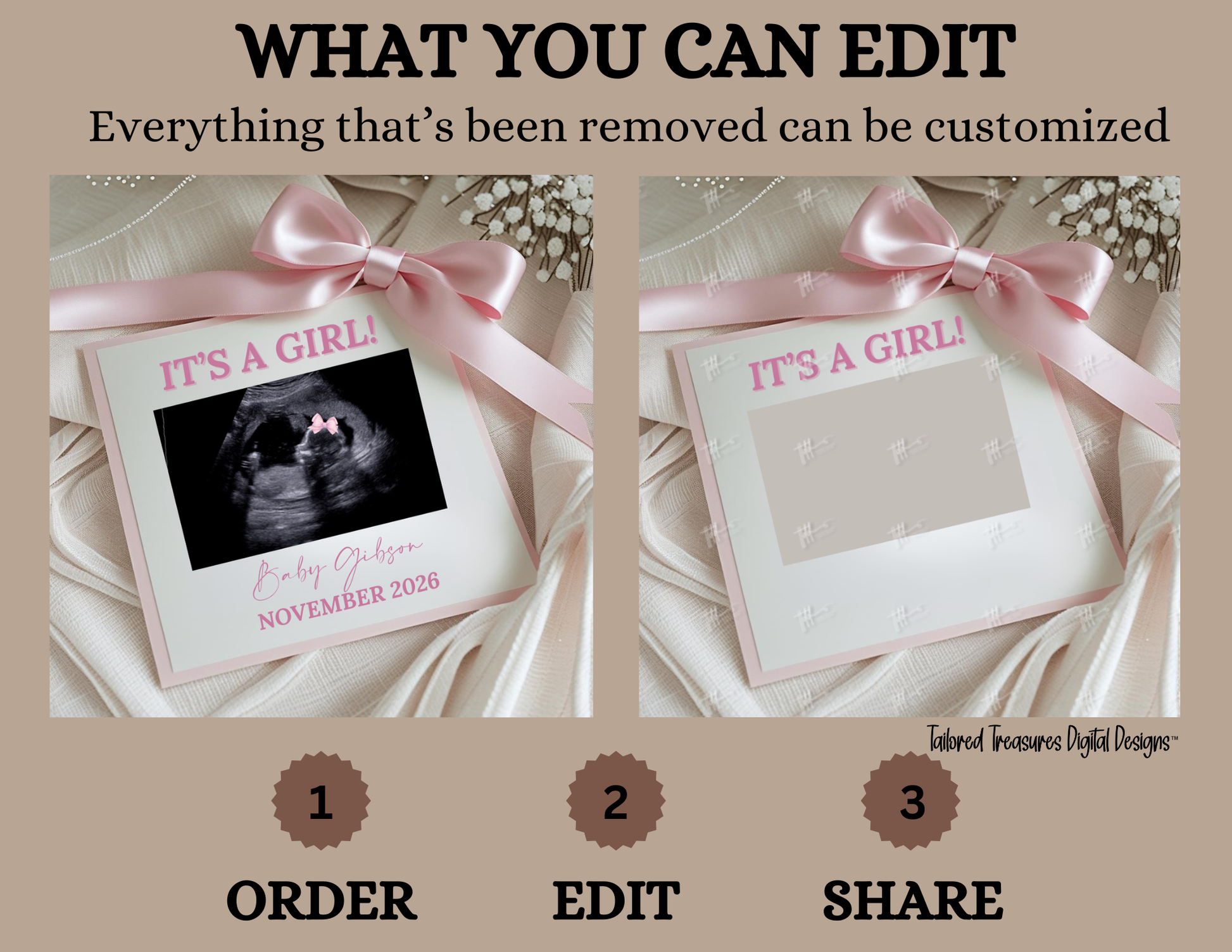 Digital Baby Girl Pregnancy Announcement, It’s A Girl, Gender Reveal, Customizable Personalized Editable Template TailoredTreasuresDigitalDesigns™