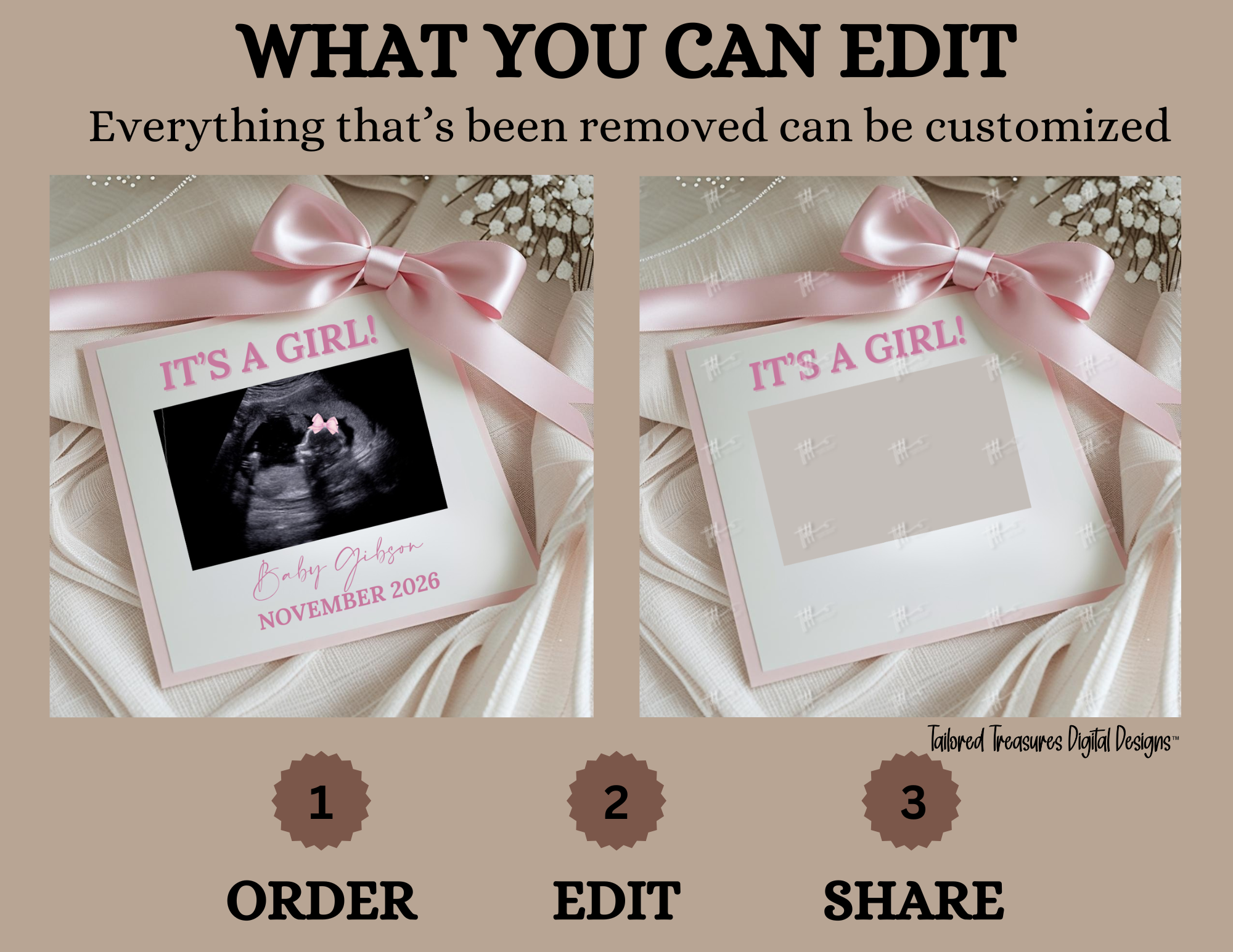 Digital Baby Girl Pregnancy Announcement, It’s A Girl, Gender Reveal, Customizable Personalized Editable Template TailoredTreasuresDigitalDesigns™