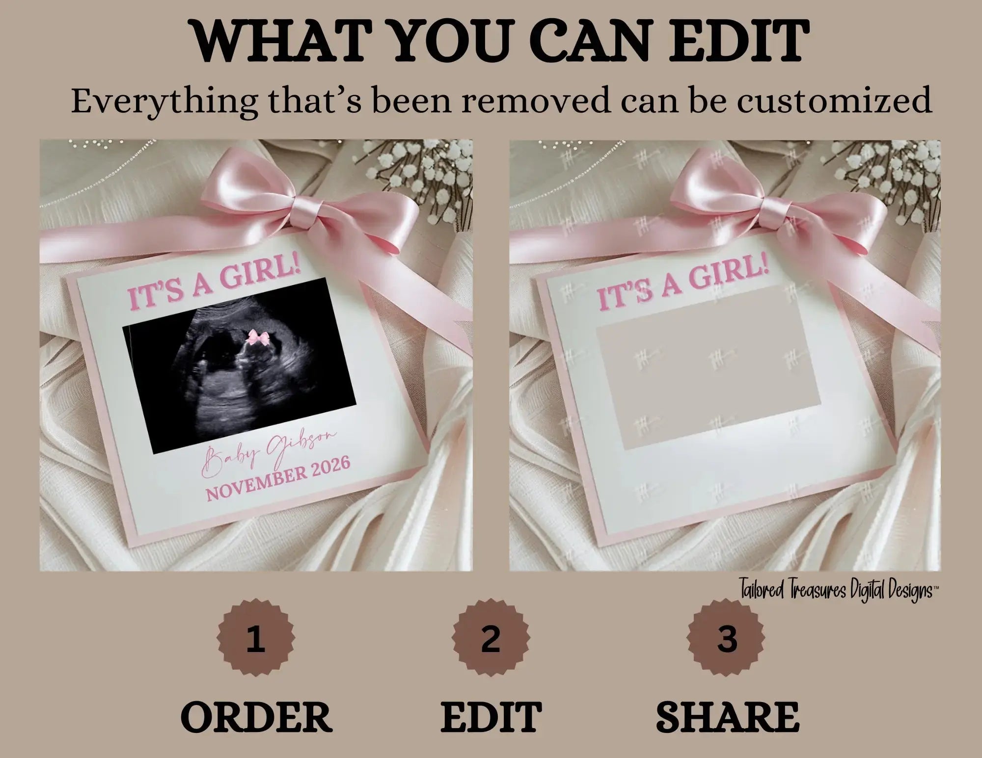 It's A Girl, Minimalist Photo Girl Digital Gender Reveal, Customizable Personalized Editable Template TailoredTreasuresDigitalDesigns™