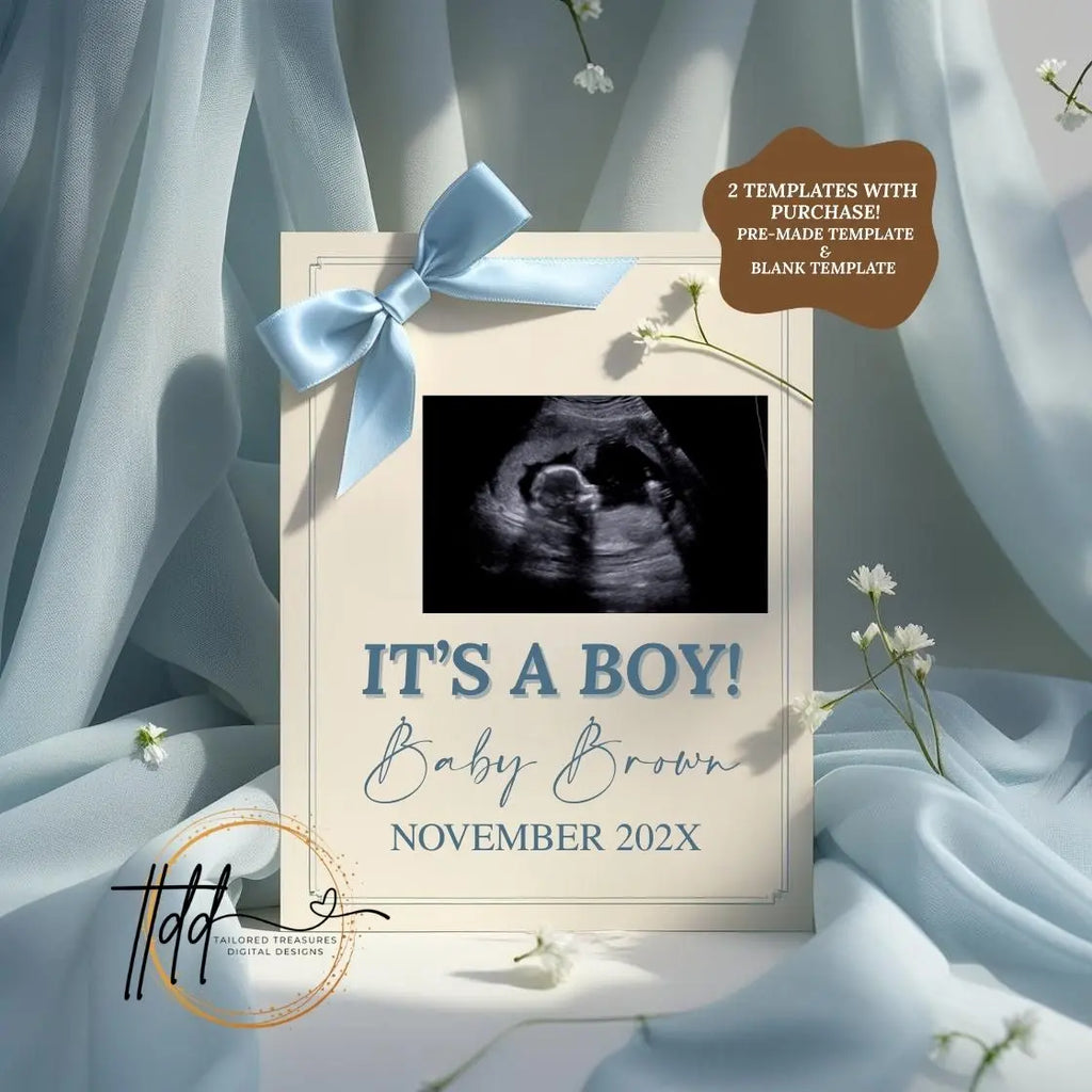 It's A Boy, Minimalist Photo Boy Digital Gender Reveal, Customizable Personalized Editable Template TailoredTreasuresDigitalDesigns™