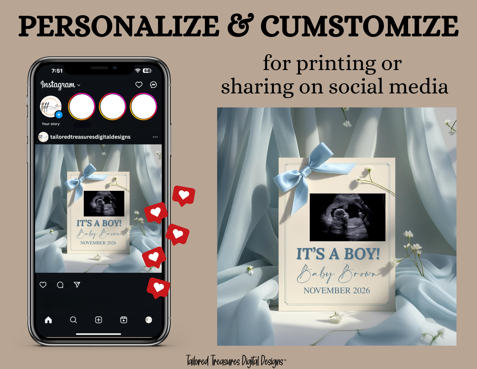 Digital Baby Boy Pregnancy Announcement, It’s A Boy, Gender Reveal, Customizable Personalized Editable Template TailoredTreasuresDigitalDesigns™