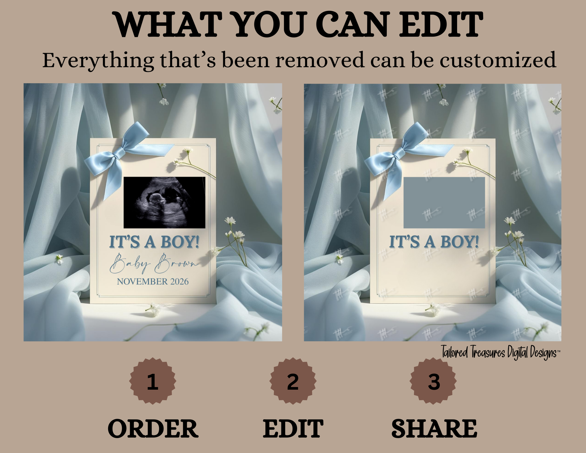 Digital Baby Boy Pregnancy Announcement, It’s A Boy, Gender Reveal, Customizable Personalized Editable Template TailoredTreasuresDigitalDesigns™