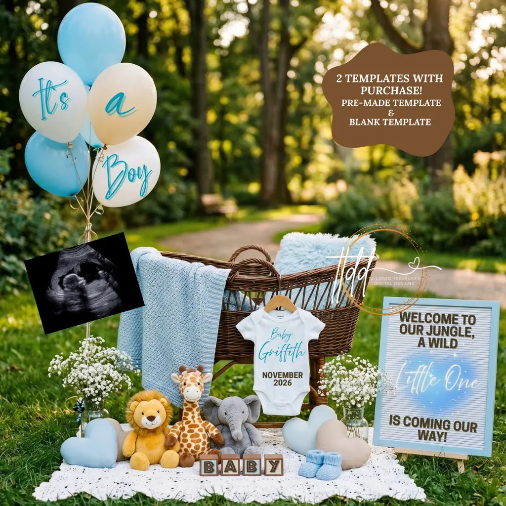 Jungle Animal Boy Baby Reveal Digital Editable Template, Instant Download Canva Template TailoredTreasuresDigitalDesigns™