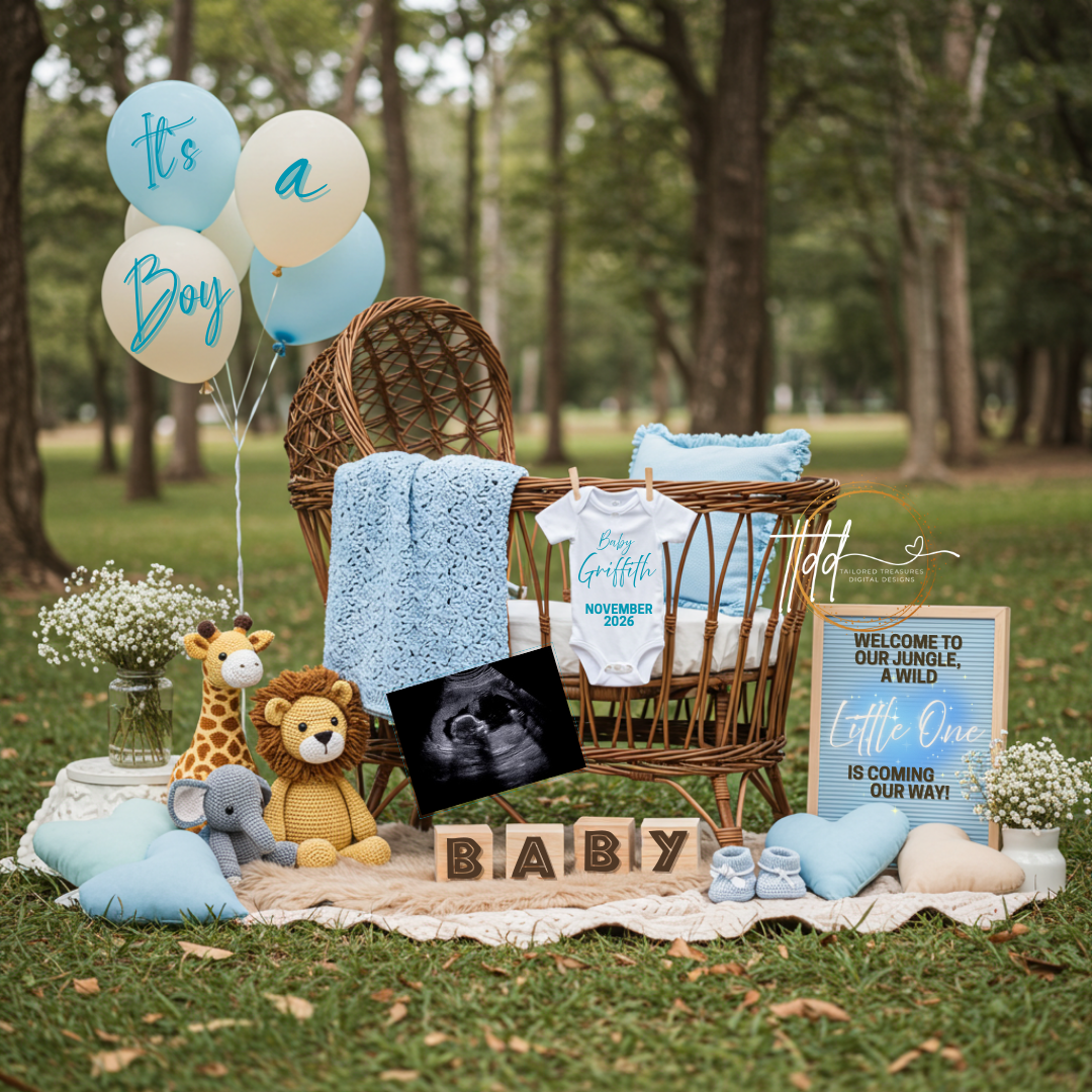 Baby reveal setup with balloons, baby clothes, and toys on a grassy field.