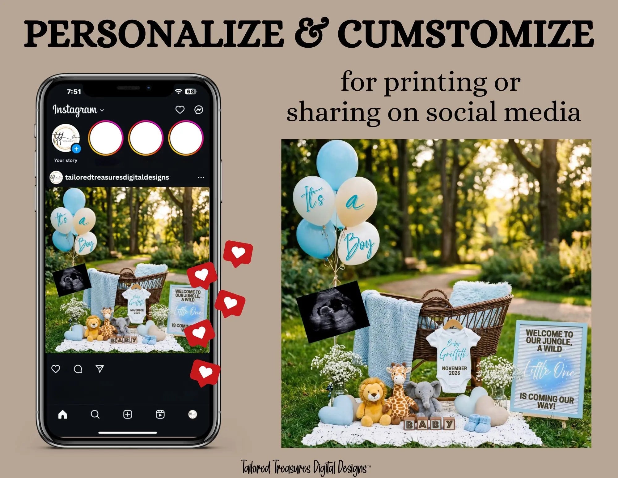 Jungle Animal Boy Baby Reveal Digital Editable Template, Instant Download Canva Template TailoredTreasuresDigitalDesigns™