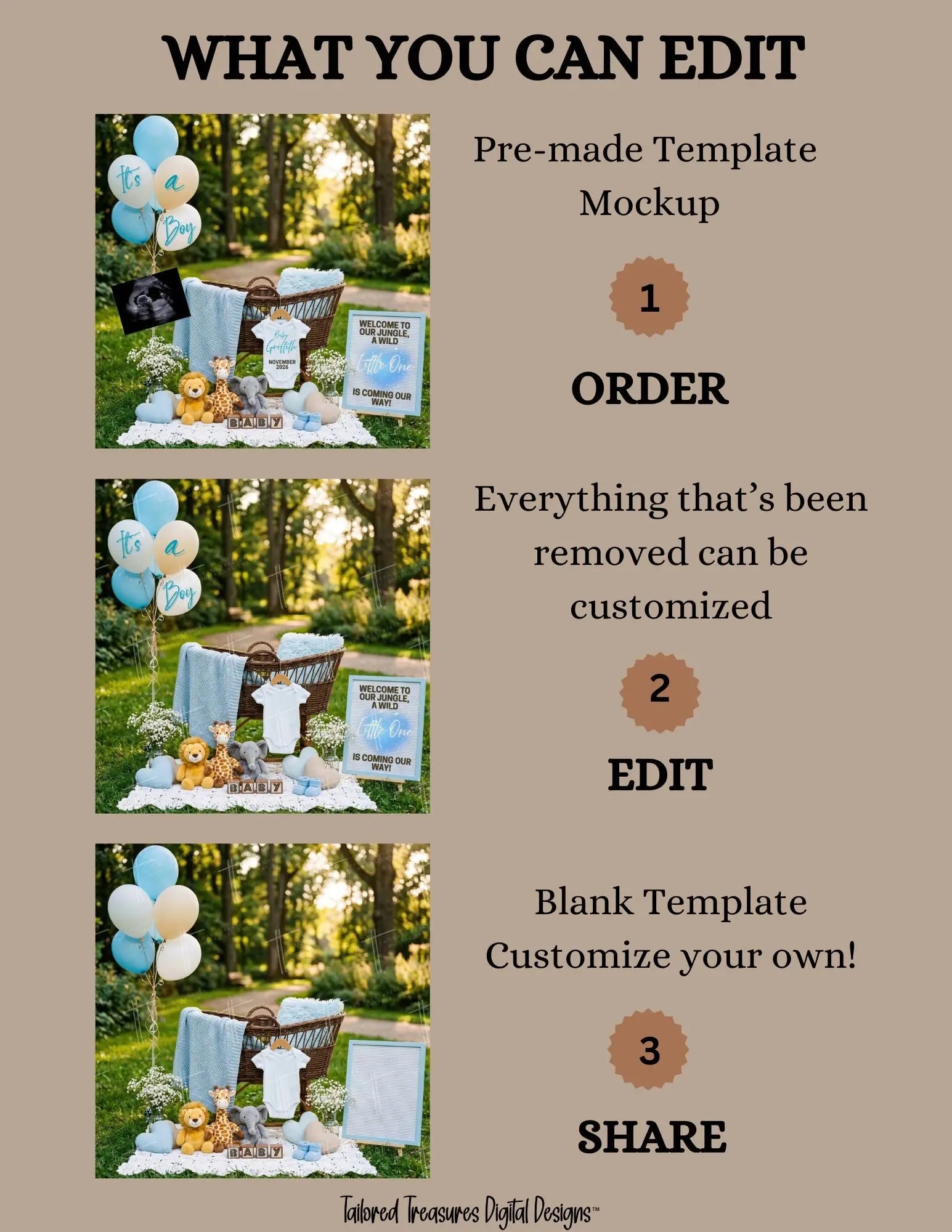 Jungle Animal Boy Baby Reveal Digital Editable Template, Instant Download Canva Template TailoredTreasuresDigitalDesigns™