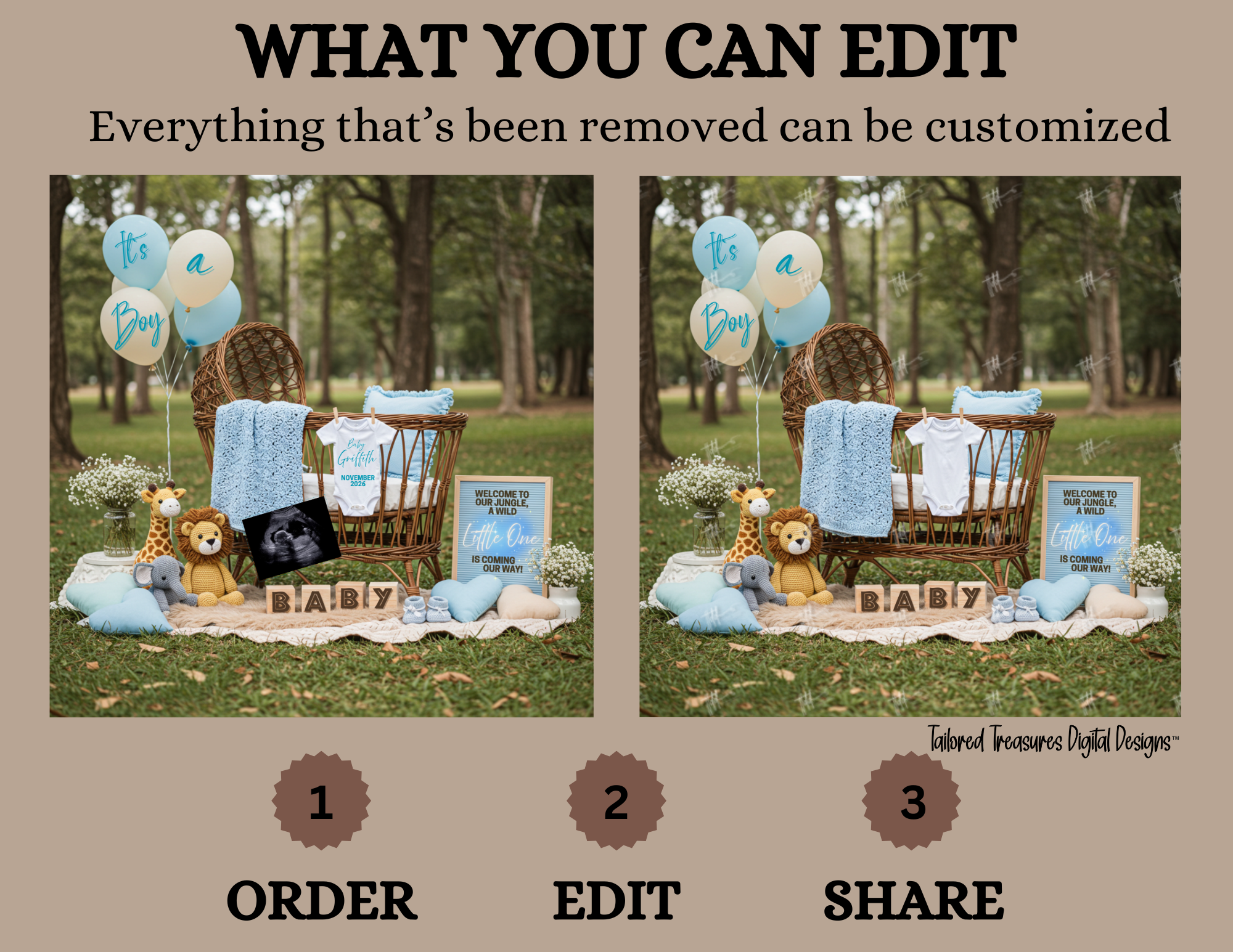 Baby shower setup with chair, balloons, and baby items on a blanket outdoors.