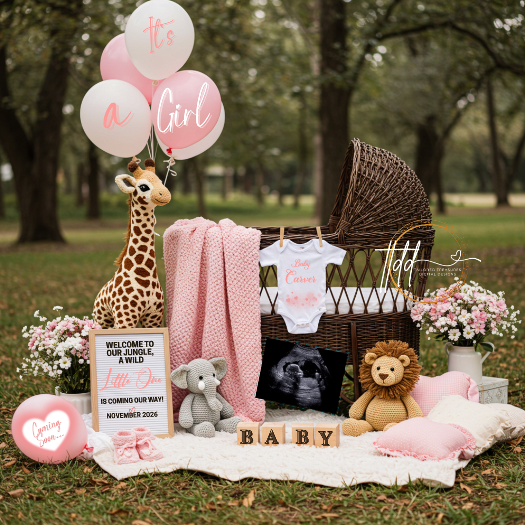 Baby reveal setup with balloons, stuffed animals, and baby items outdoors.