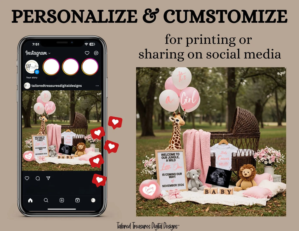 Jungle Animal Girl Baby Reveal Digital Editable Template, Instant Download Canva Template TailoredTreasuresDigitalDesigns™
