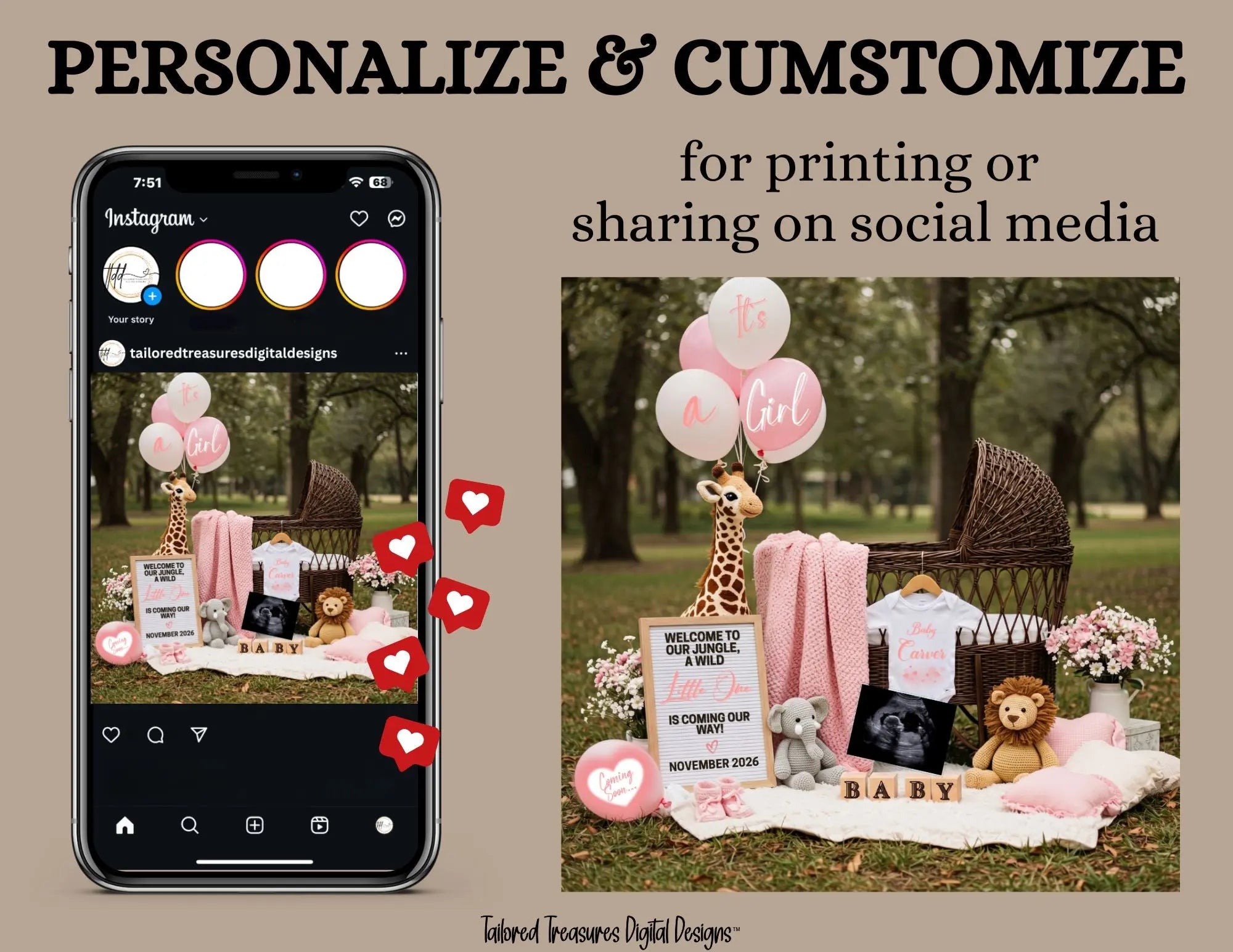 Jungle Animal Girl Baby Reveal Digital Editable Template, Instant Download Canva Template TailoredTreasuresDigitalDesigns™
