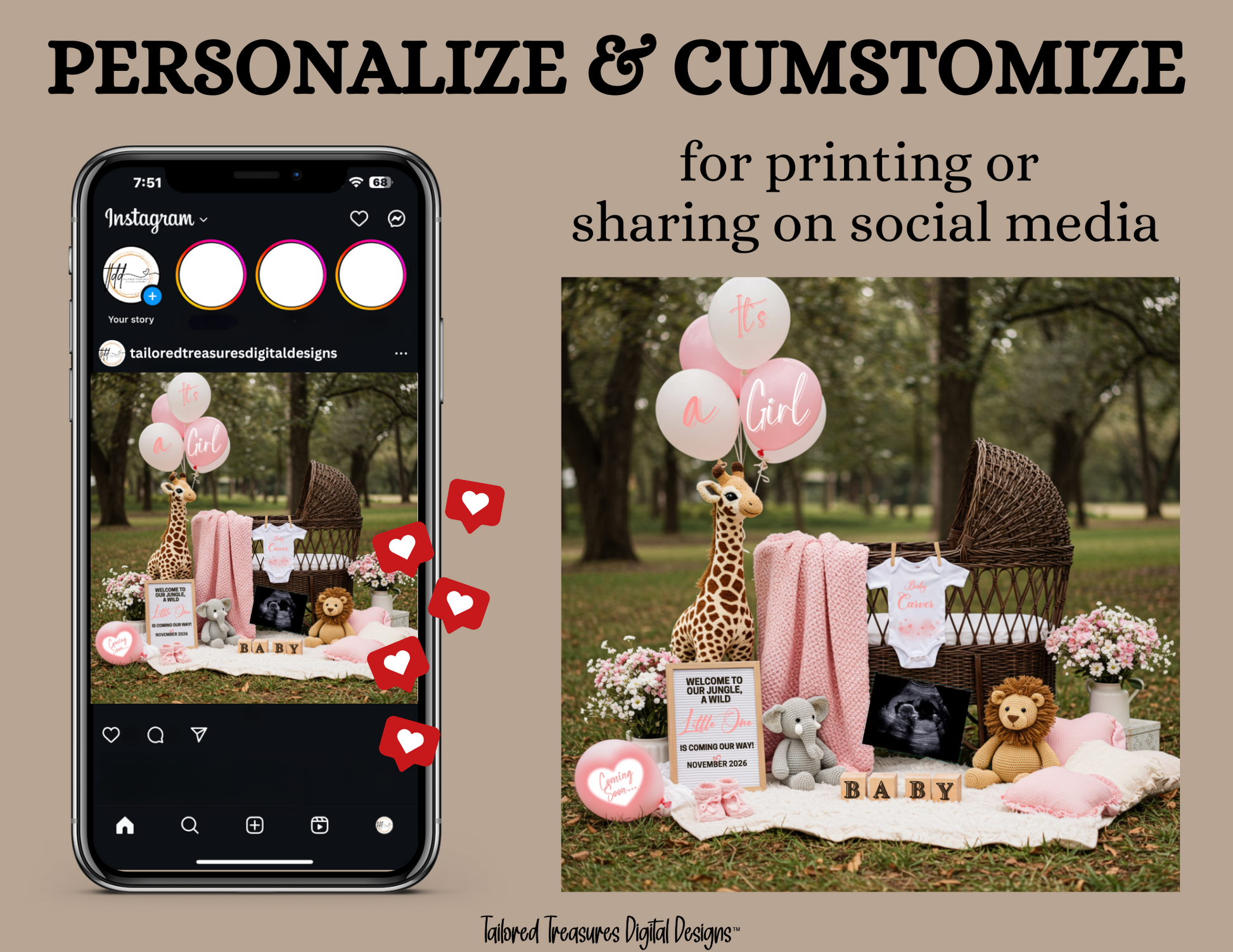 Phone screen with Instagram interface and outdoor baby shower setup with balloons and baby items.