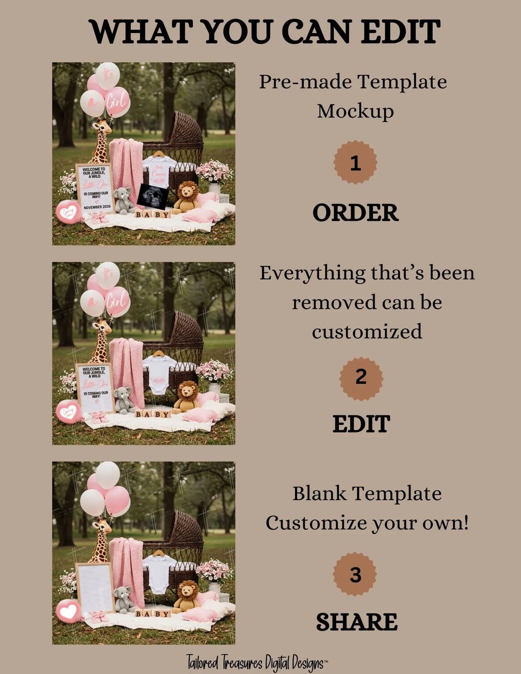 Jungle Animal Girl Baby Reveal Digital Editable Template, Instant Download Canva Template TailoredTreasuresDigitalDesigns™