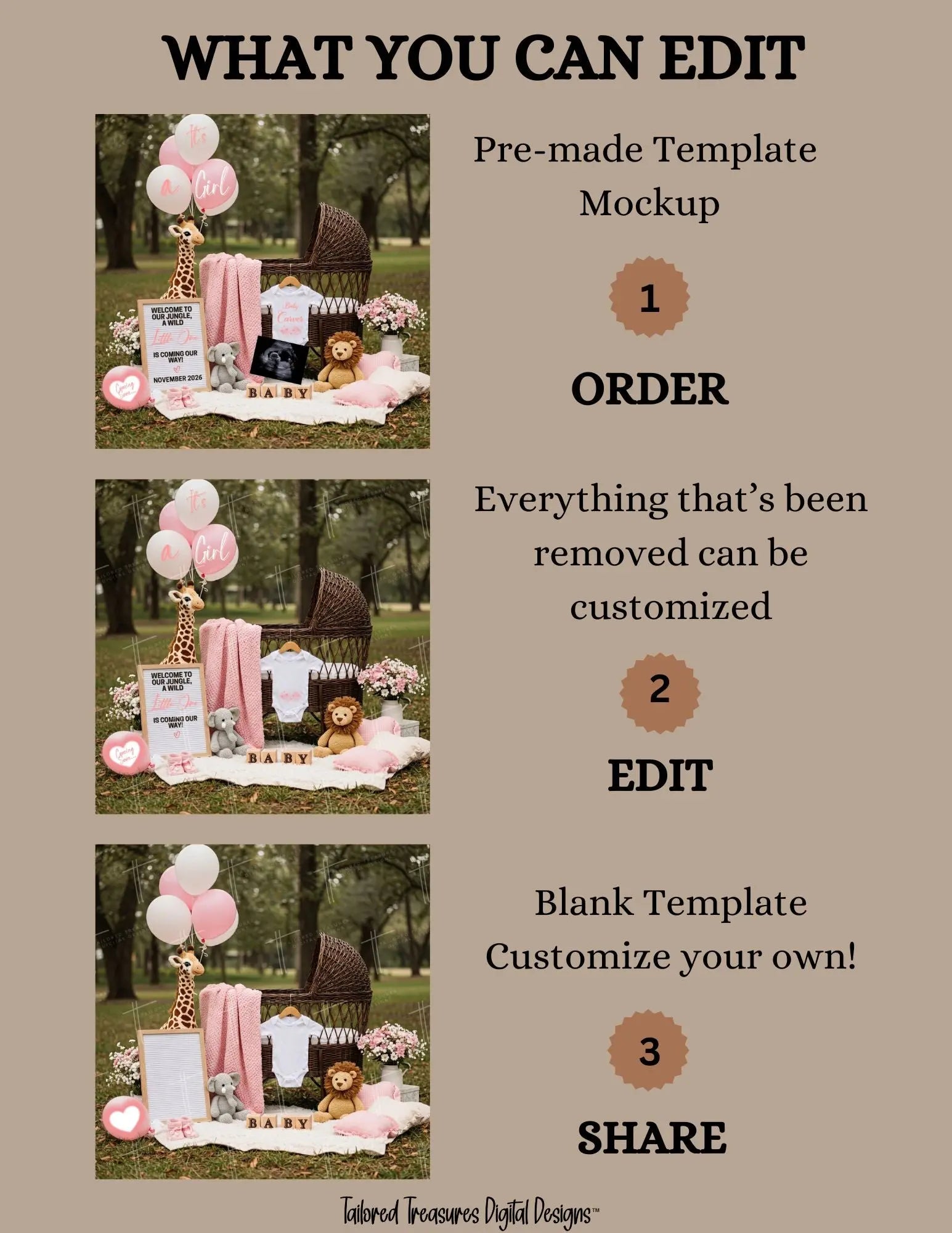 Jungle Animal Girl Baby Reveal Digital Editable Template, Instant Download Canva Template TailoredTreasuresDigitalDesigns™