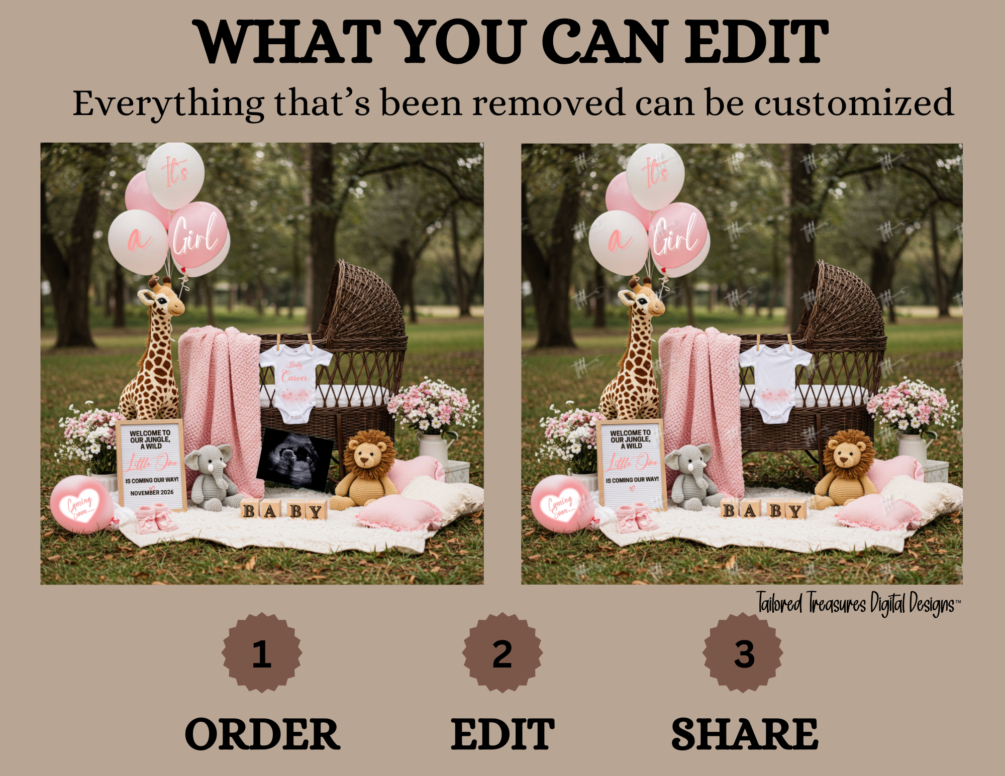 Digital design for a baby shower setup with customizable elements.