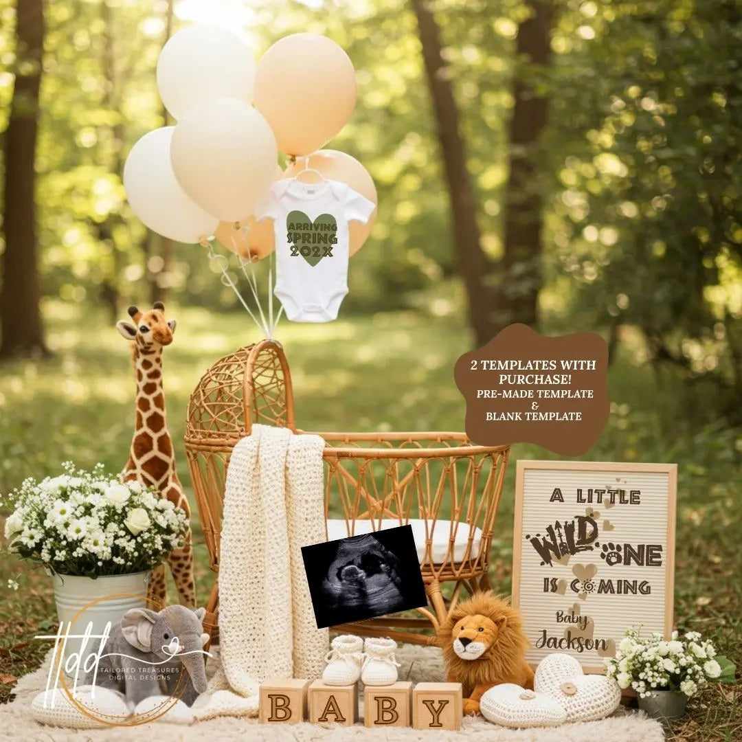 Digital Pregnancy Announcement, Wild One Coming, Customizable Jungle Animals Themed, Editable Details Template - TailoredTreasuresDigitalDesigns™