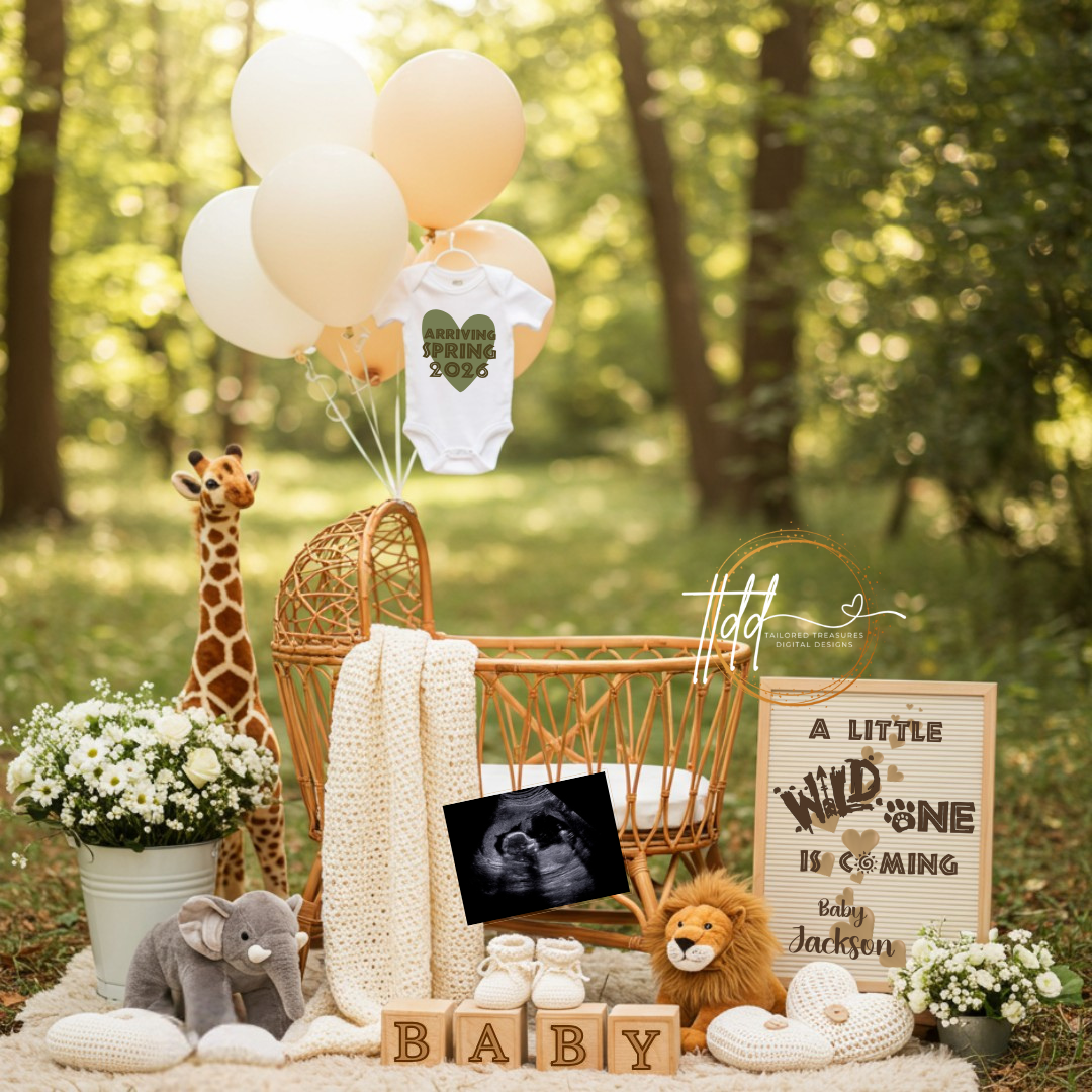 Baby reveal setup with balloons, baby onesie, and wooden blocks in a forest setting.