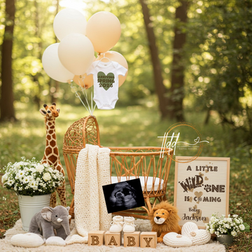 Baby reveal setup with balloons, baby onesie, and wooden blocks in a forest setting.