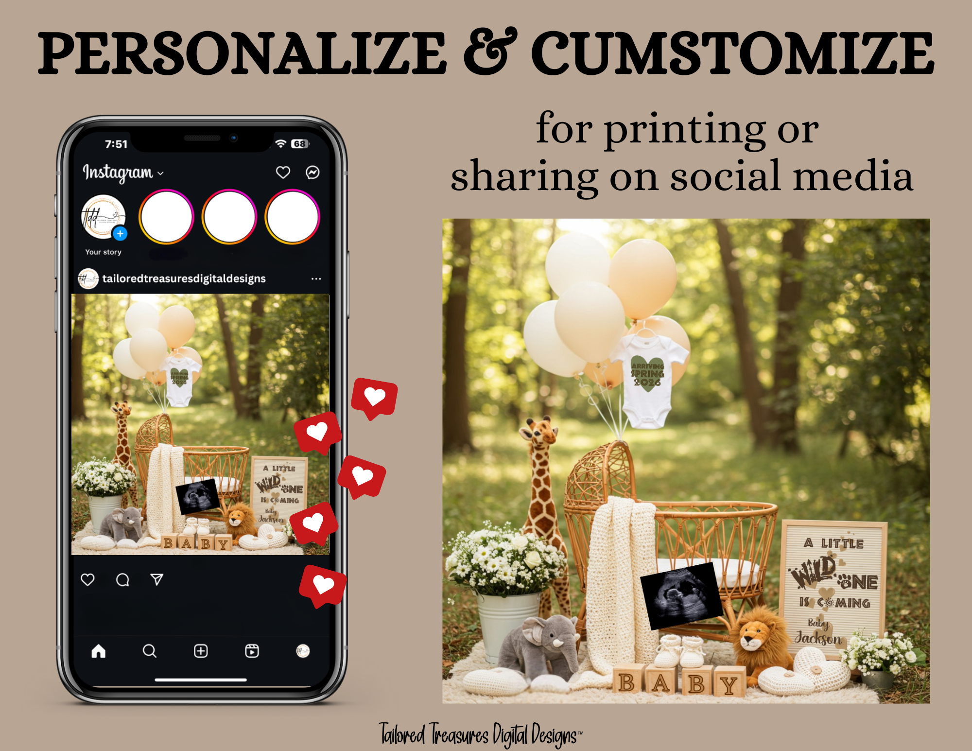 Phone screen with Instagram app and outdoor setup with balloons and baby items.