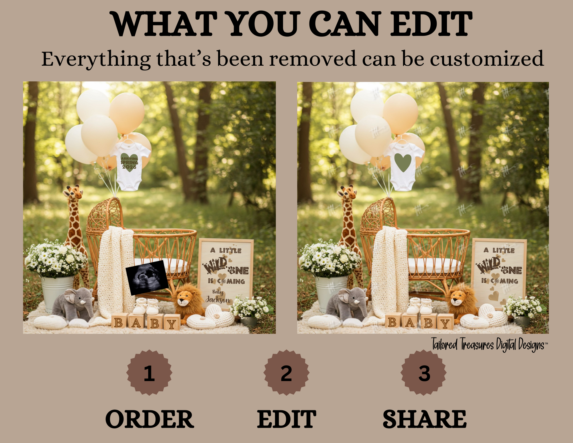 Decorative setup with balloons, signs, and animals in a forest setting, with text indicating editing capabilities.