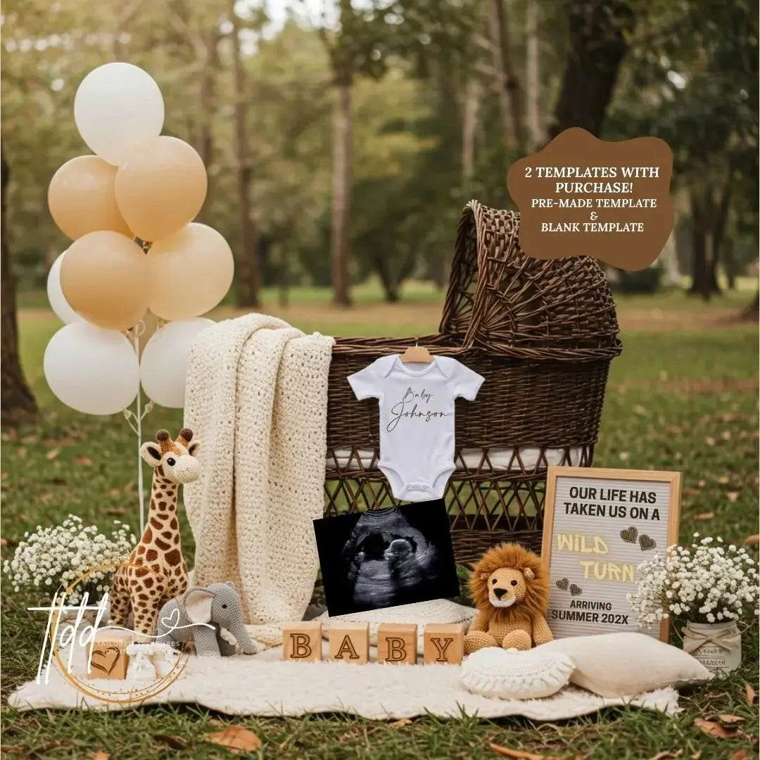 Digital Pregnancy Announcement, We've Taken A Wild Turn, Customizable Jungle Animals Themed, Editable Details Template - TailoredTreasuresDigitalDesigns™