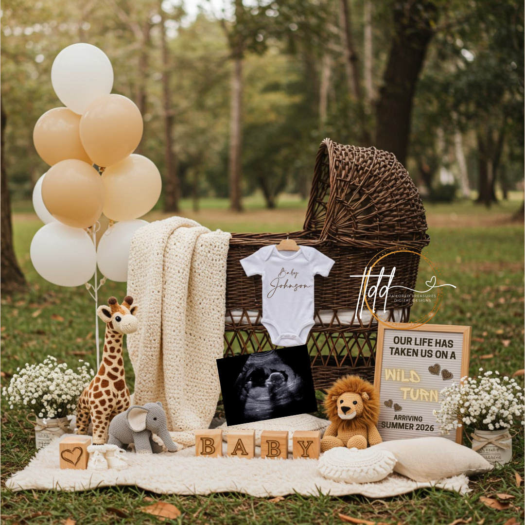 Baby reveal setup with balloons, crib, baby clothes, and toys outdoors.