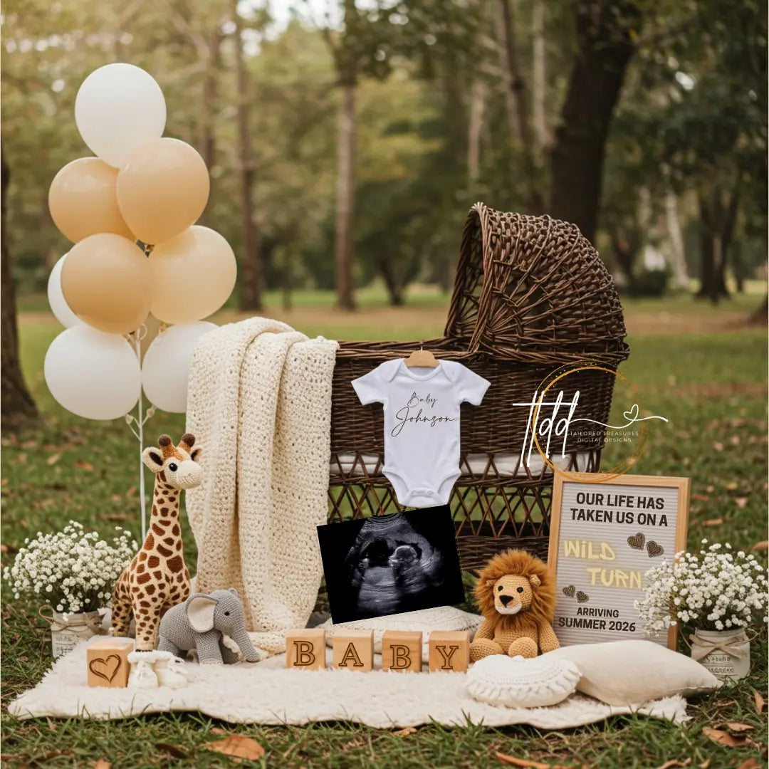 Digital Pregnancy Announcement, We've Taken A Wild Turn, Customizable Jungle Animals Themed, Editable Details Template - TailoredTreasuresDigitalDesigns™