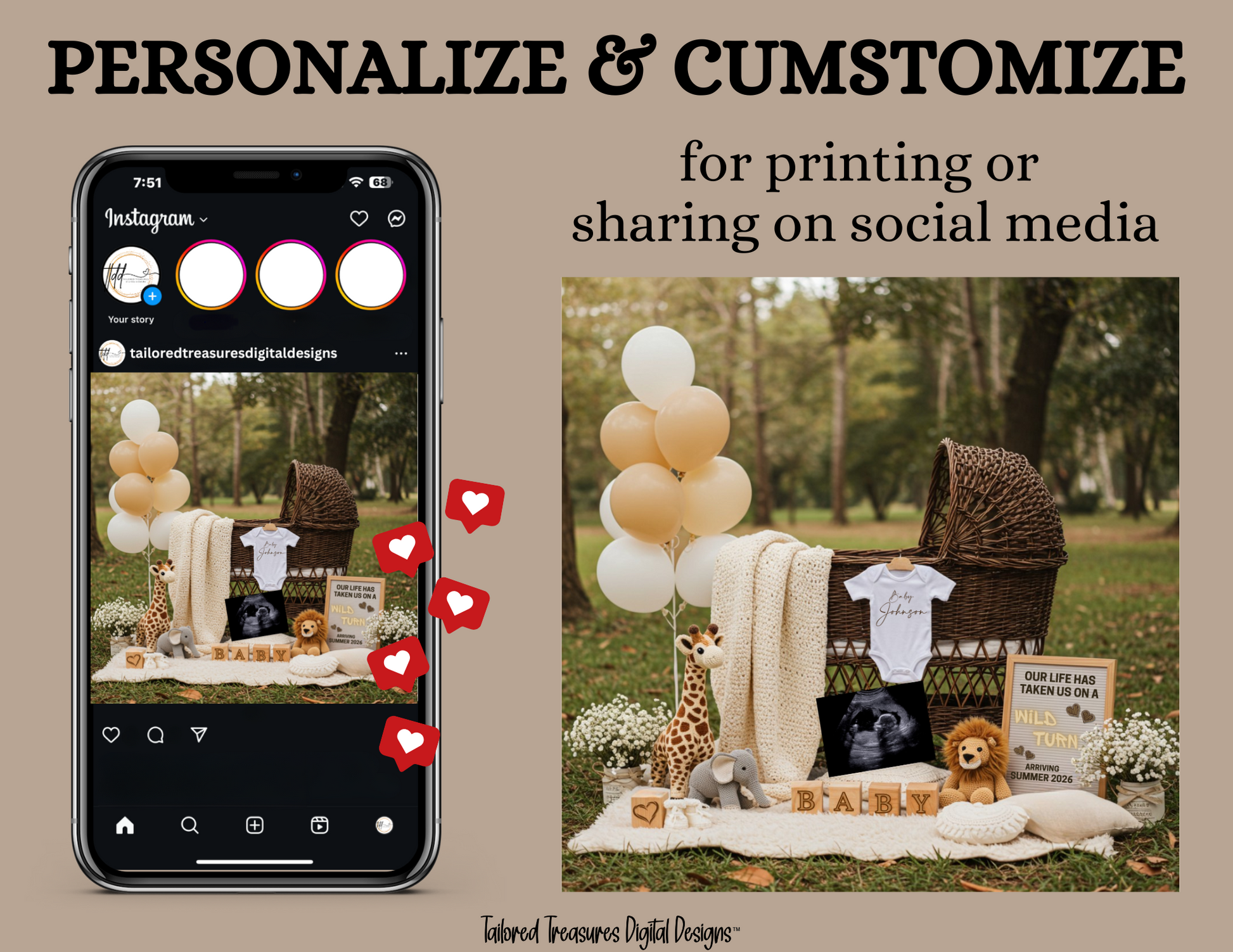 Phone screen with Instagram interface overlaying a photo of an outdoor setup with balloons and decorations.