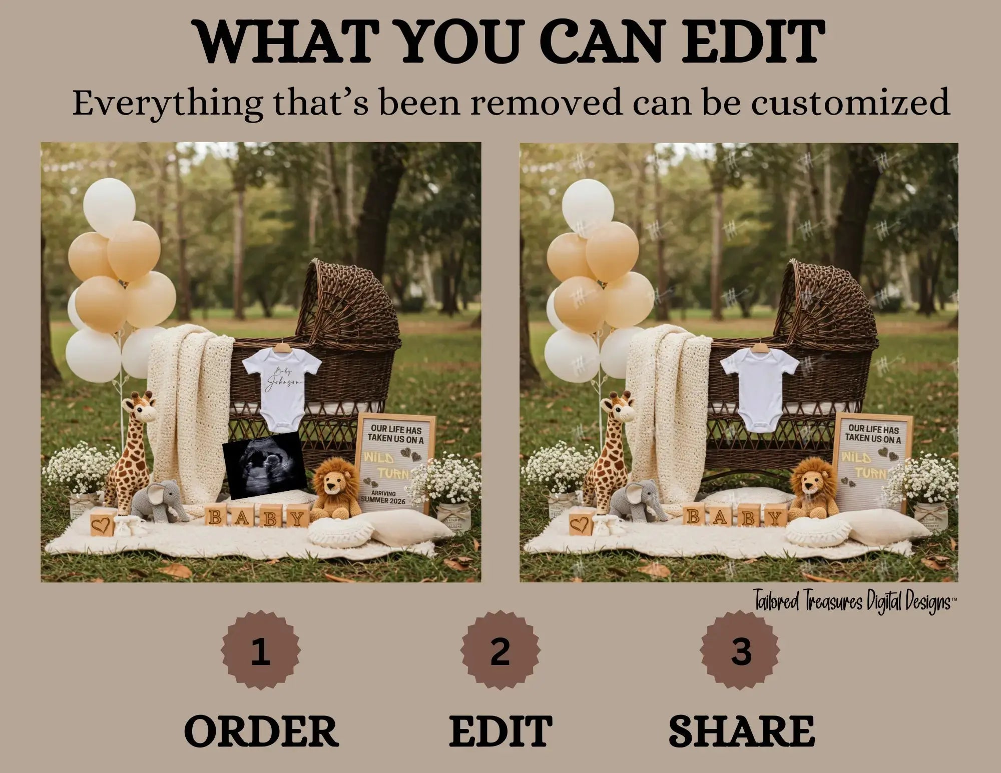Digital Pregnancy Announcement, We've Taken A Wild Turn, Customizable Jungle Animals Themed, Editable Details Template - TailoredTreasuresDigitalDesigns™