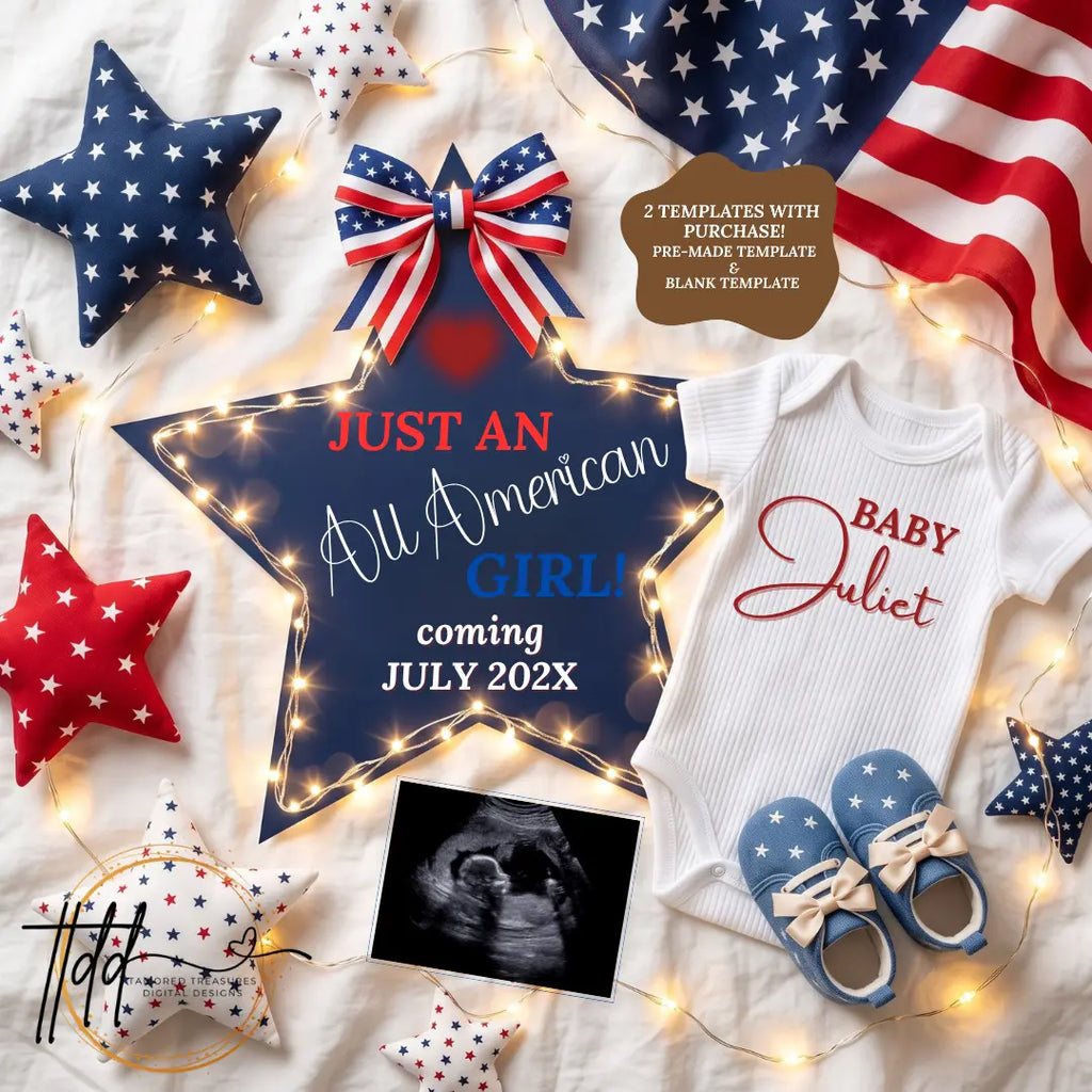Just An All American Girl Pregnancy Announcement Template | Patriotic Themed | Fully Editable Canva Digital Download TailoredTreasuresDigitalDesigns™