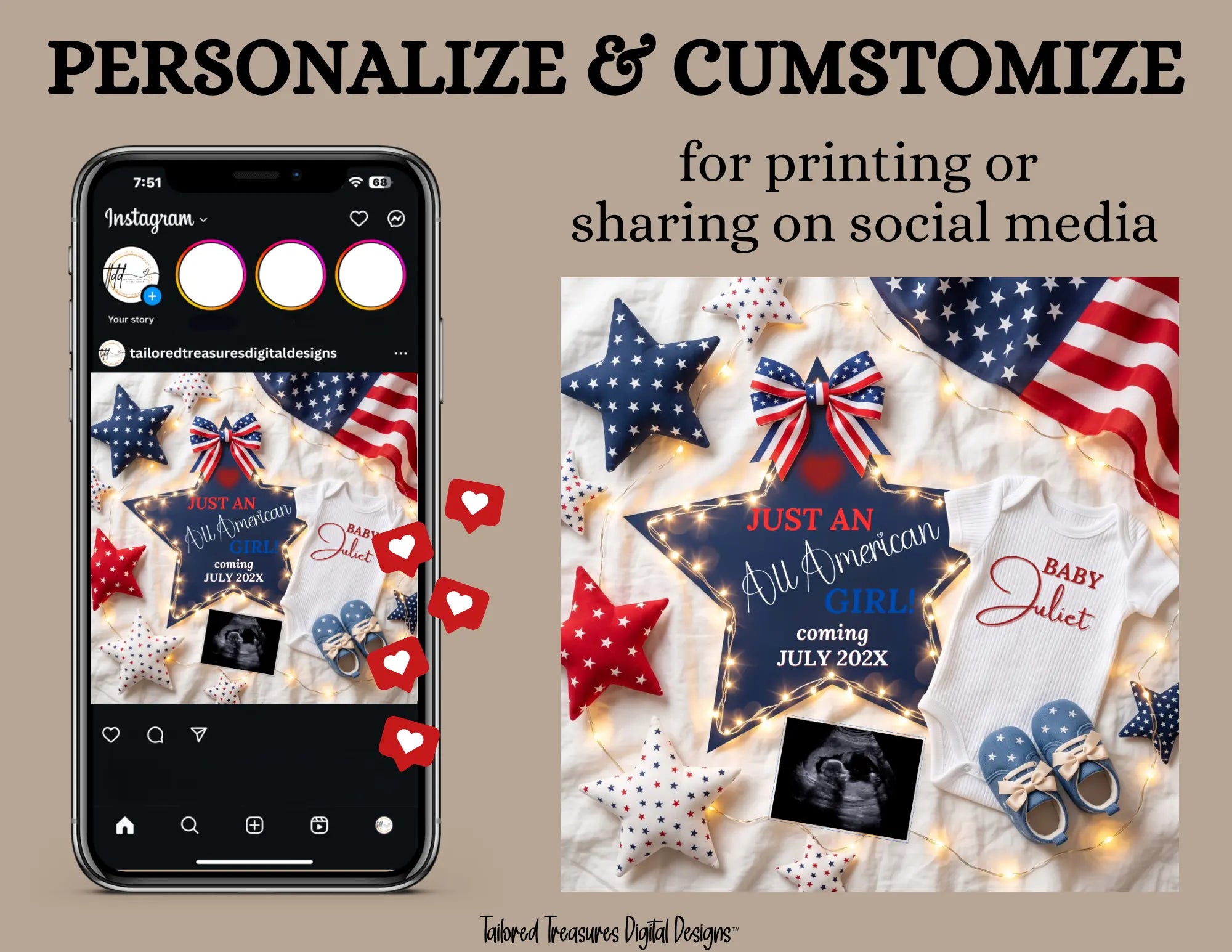 Just An All American Girl Pregnancy Announcement Template | Patriotic Themed | Fully Editable Canva Digital Download TailoredTreasuresDigitalDesigns™