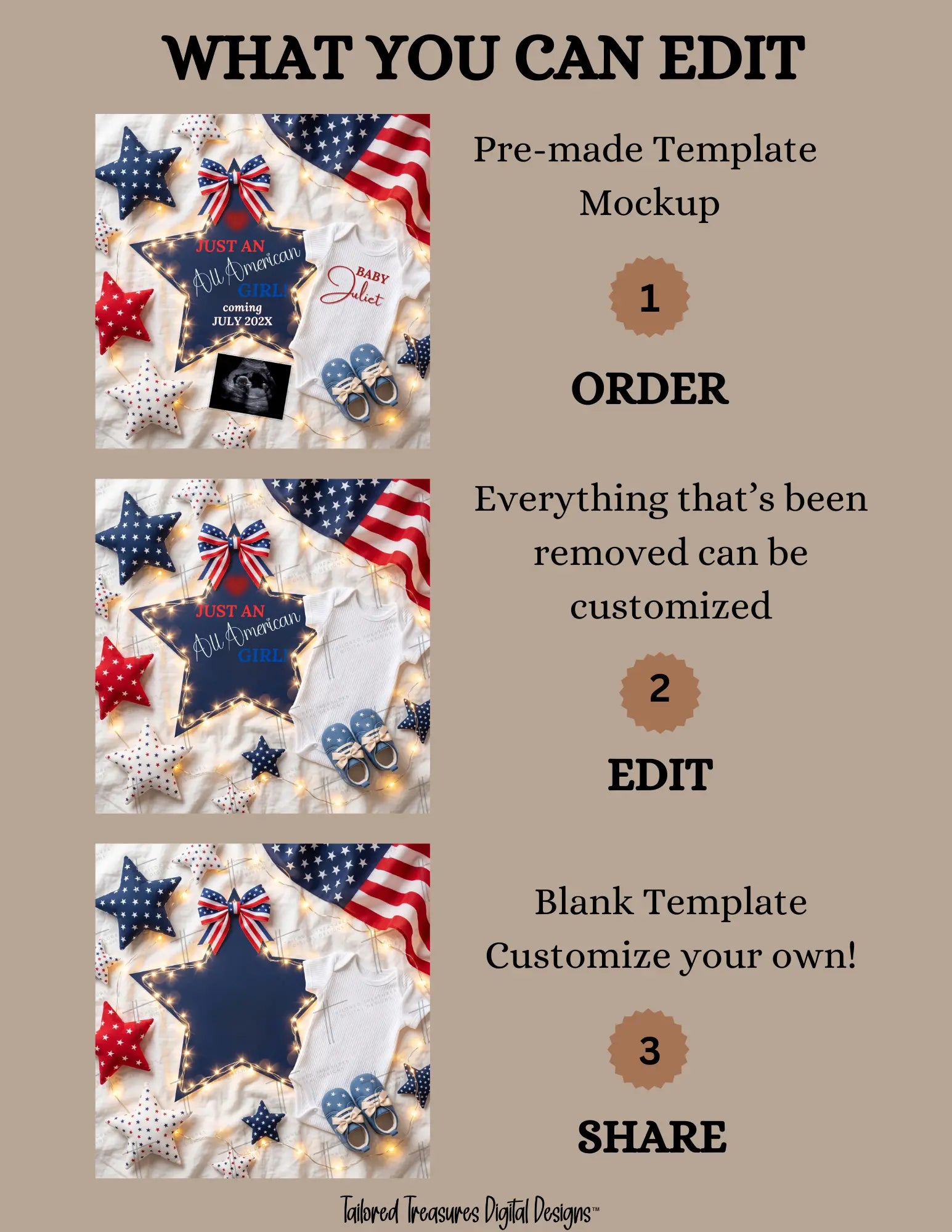 Just An All American Girl Pregnancy Announcement Template | Patriotic Themed | Fully Editable Canva Digital Download TailoredTreasuresDigitalDesigns™