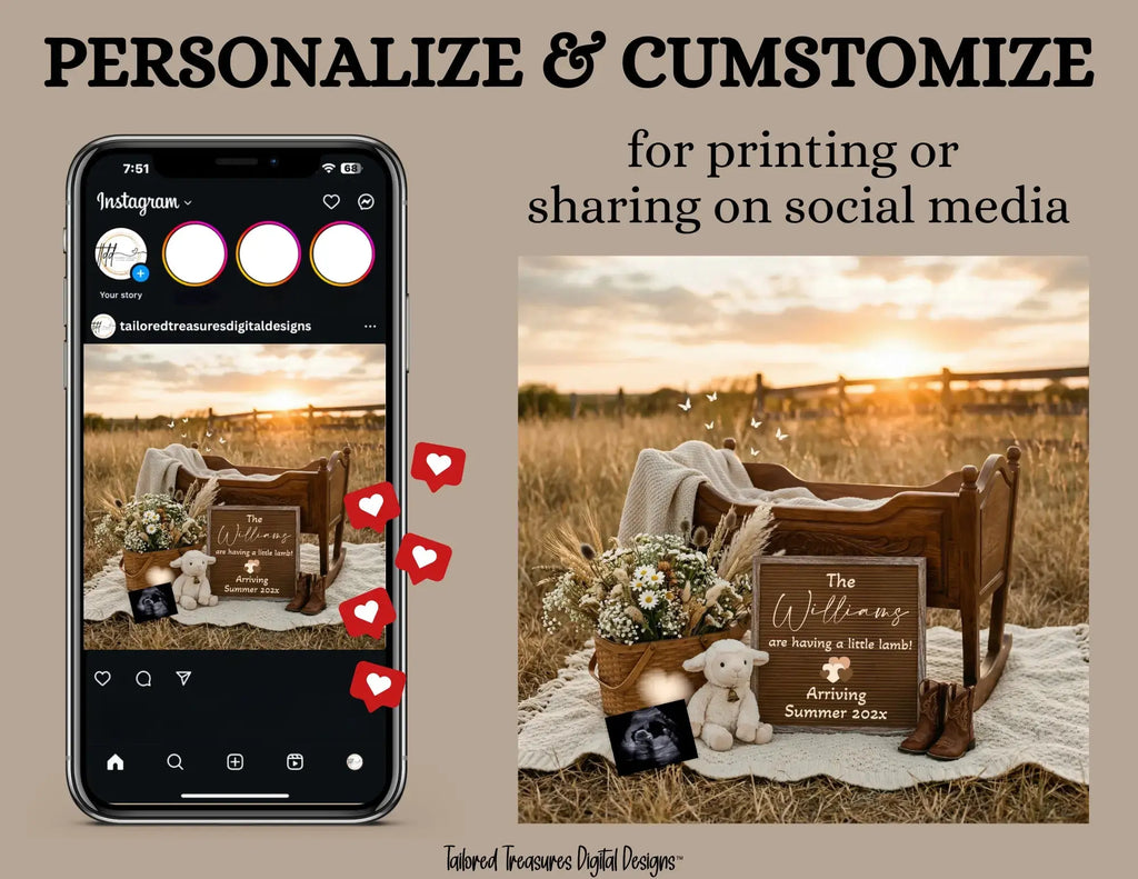 We're Having a Little Lamb, Western Farm Digital Pregnancy Announcement, Gender Neutral Customizable Editable Template TailoredTreasuresDigitalDesigns™