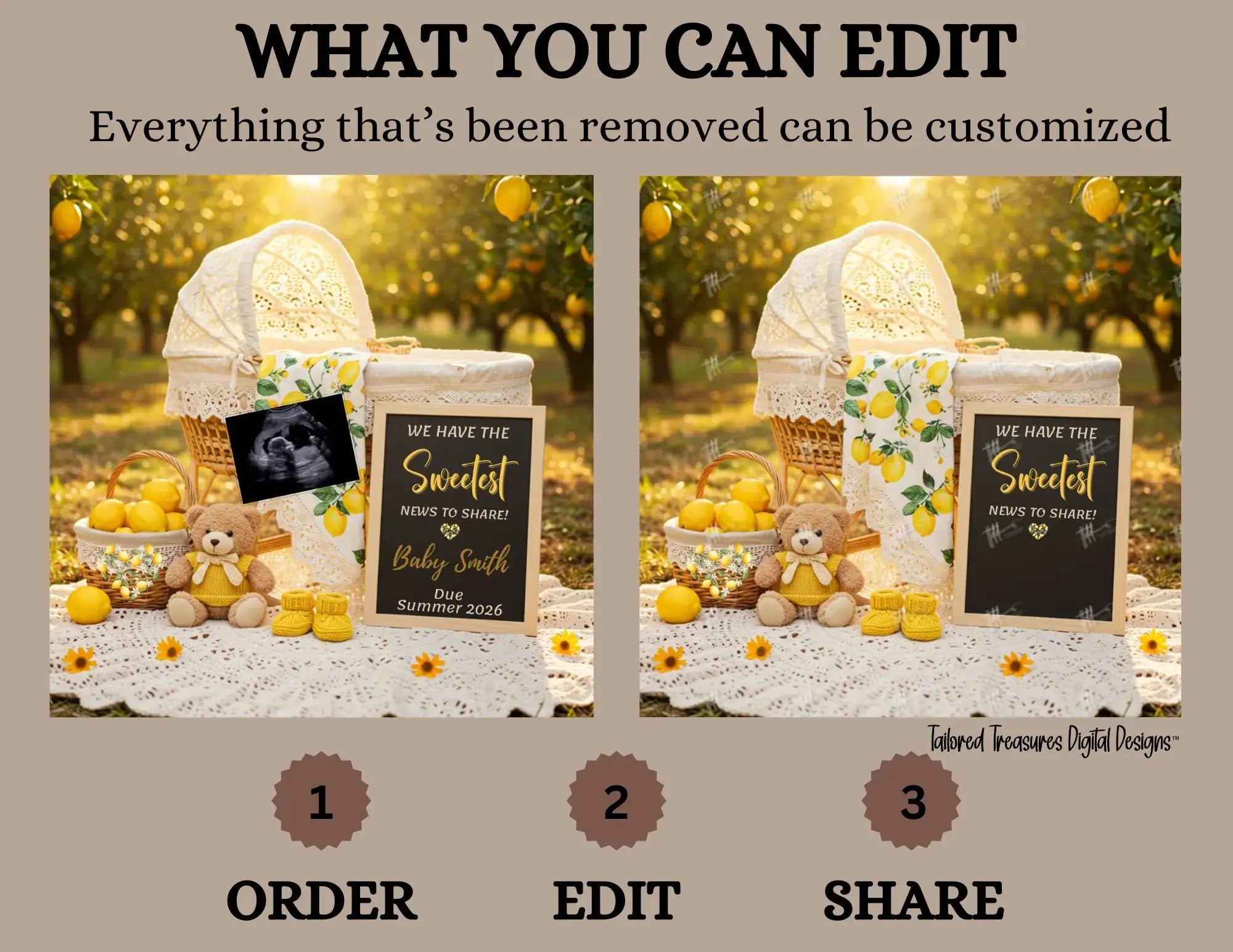 We Have the Sweetest News to Share, Customizable Lemon Themed, Summer Digital Pregnancy Announcement Editable Template TailoredTreasuresDigitalDesigns™