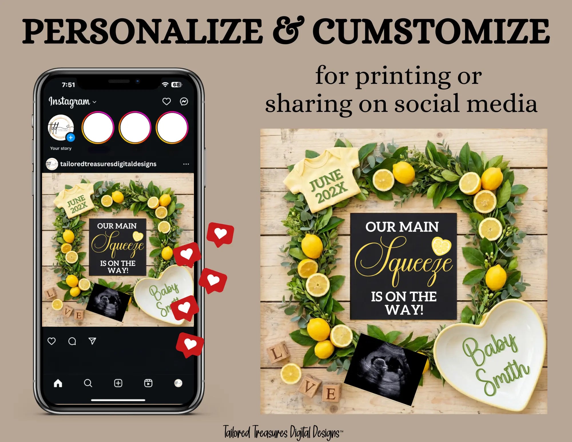 Our Main Squeeze is on the way, Digital Pregnancy Announcement, Customizable Lemons Fruit Themed, Canva Instant Download Editable Template - TailoredTreasuresDigitalDesigns™