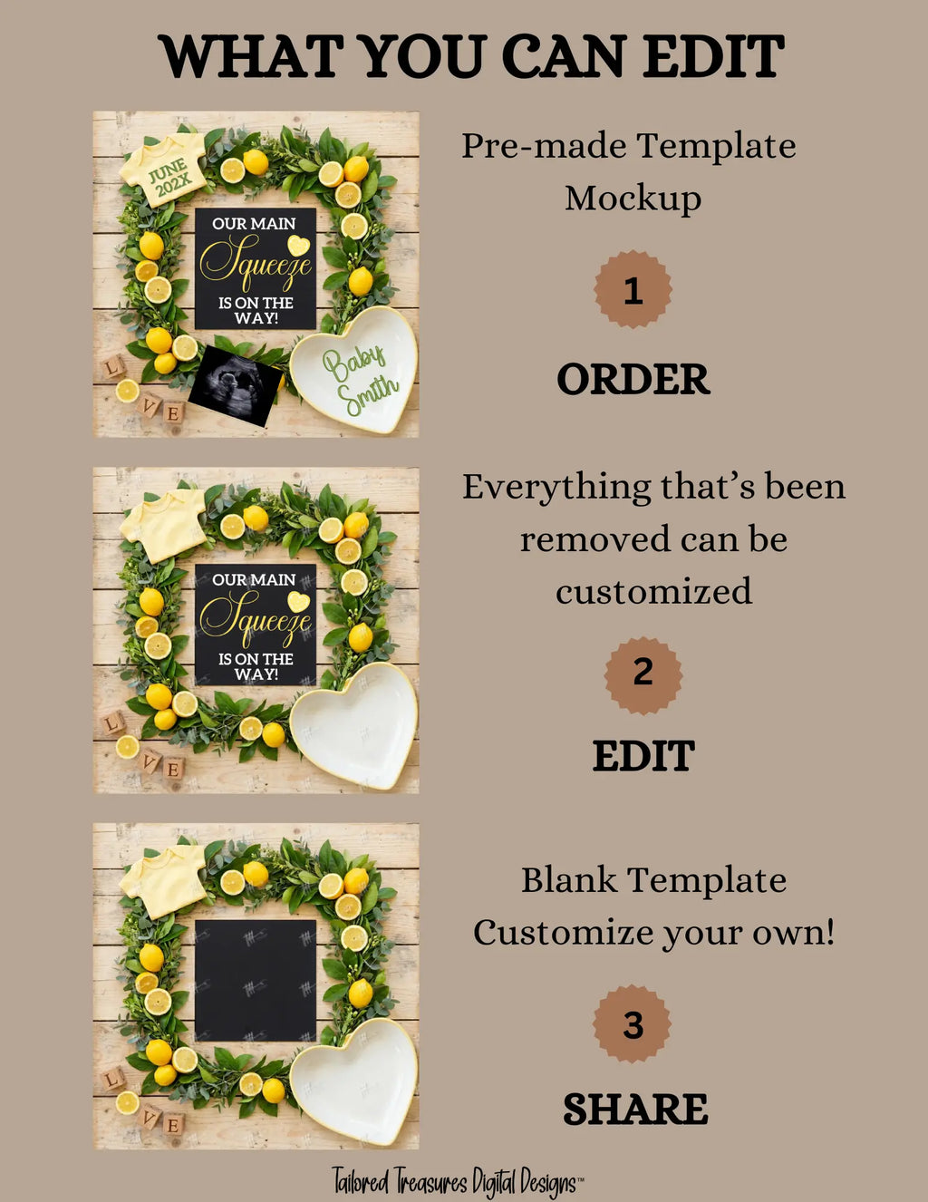 Our Main Squeeze is on the way, Digital Pregnancy Announcement, Customizable Lemons Fruit Themed, Canva Instant Download Editable Template - TailoredTreasuresDigitalDesigns™