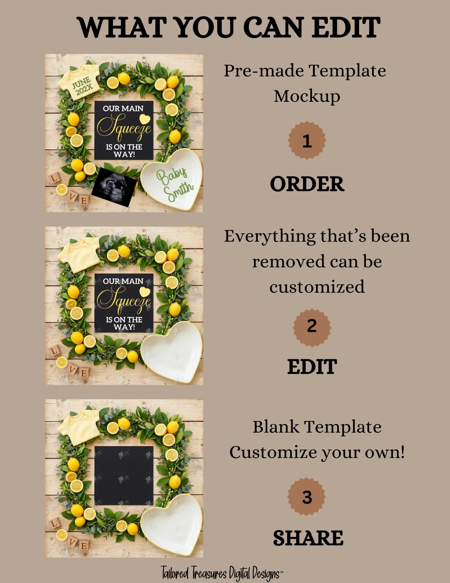 Our Main Squeeze is on the way, Digital Pregnancy Announcement, Customizable Lemons Fruit Themed, Canva Instant Download Editable Template - TailoredTreasuresDigitalDesigns™