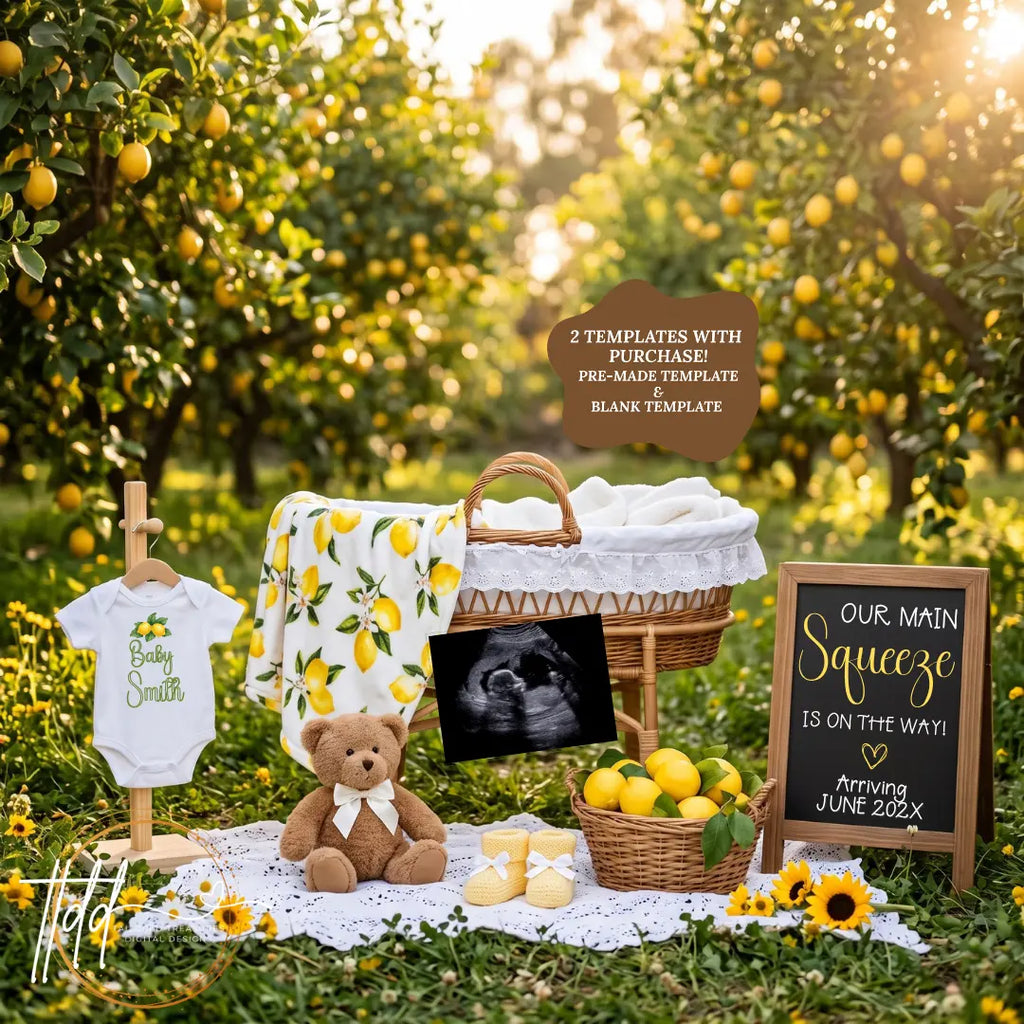Our Main Squeeze Is On The Way – Lemon Digital Download Pregnancy Announcement | Fully Editable Canva TemplateTailoredTreasuresDigitalDesigns™