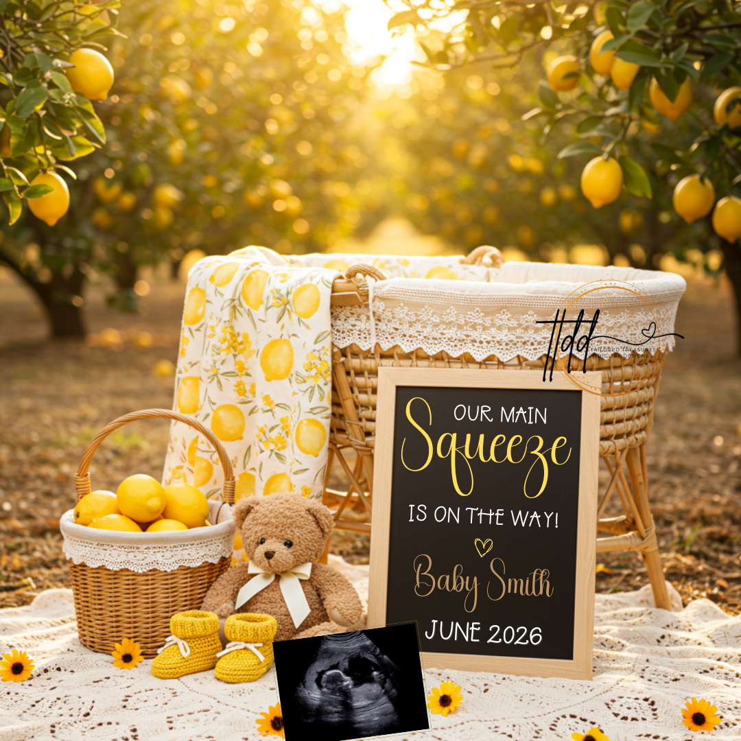 Baby Reveal with lemon-themed decor, teddy bear, and baby announcement sign in an orchard.