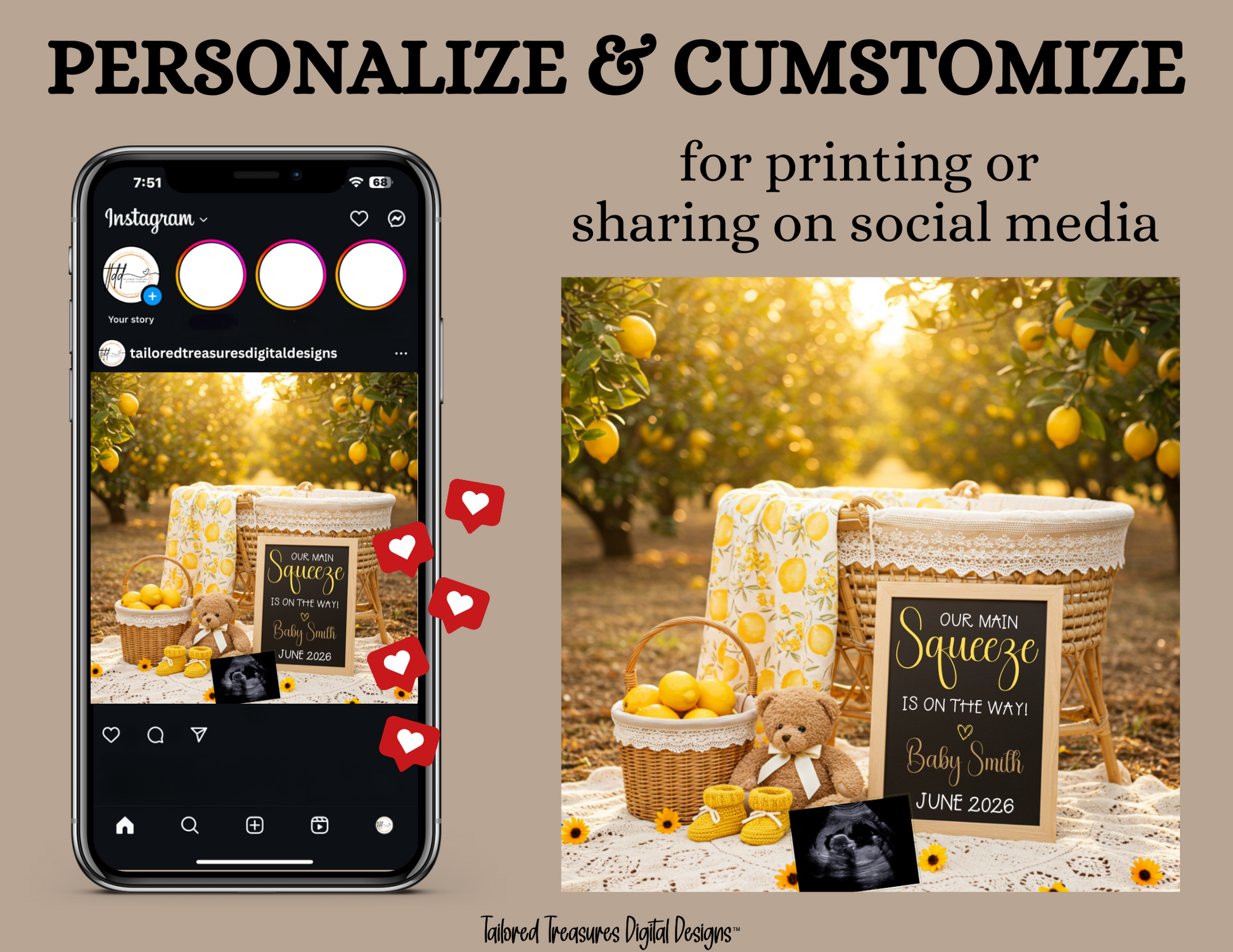 Phone screen with Instagram app open, showing a baby announcement post, next to an outdoor scene with a baby shower setup.