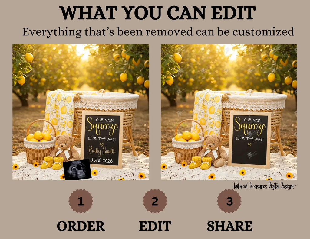 Spring Digital Pregnancy Announcement, Our Main Squeeze is on the way, Customizable Lemon Themed, Personalized Editable Template TailoredTreasuresDigitalDesigns™