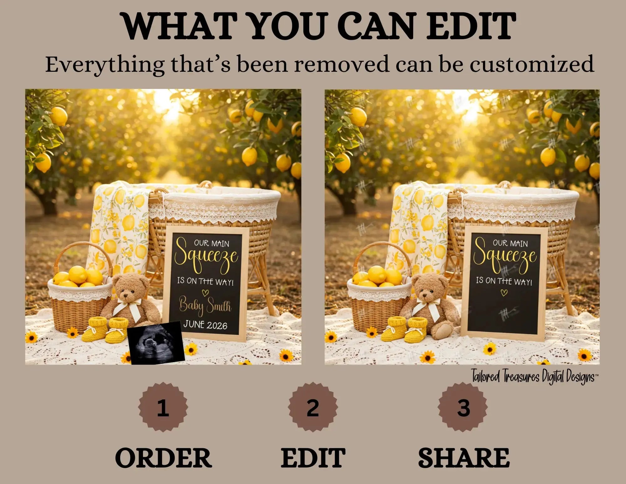 Spring Digital Pregnancy Announcement, Our Main Squeeze is on the way, Customizable Lemon Themed, Personalized Editable Template TailoredTreasuresDigitalDesigns™