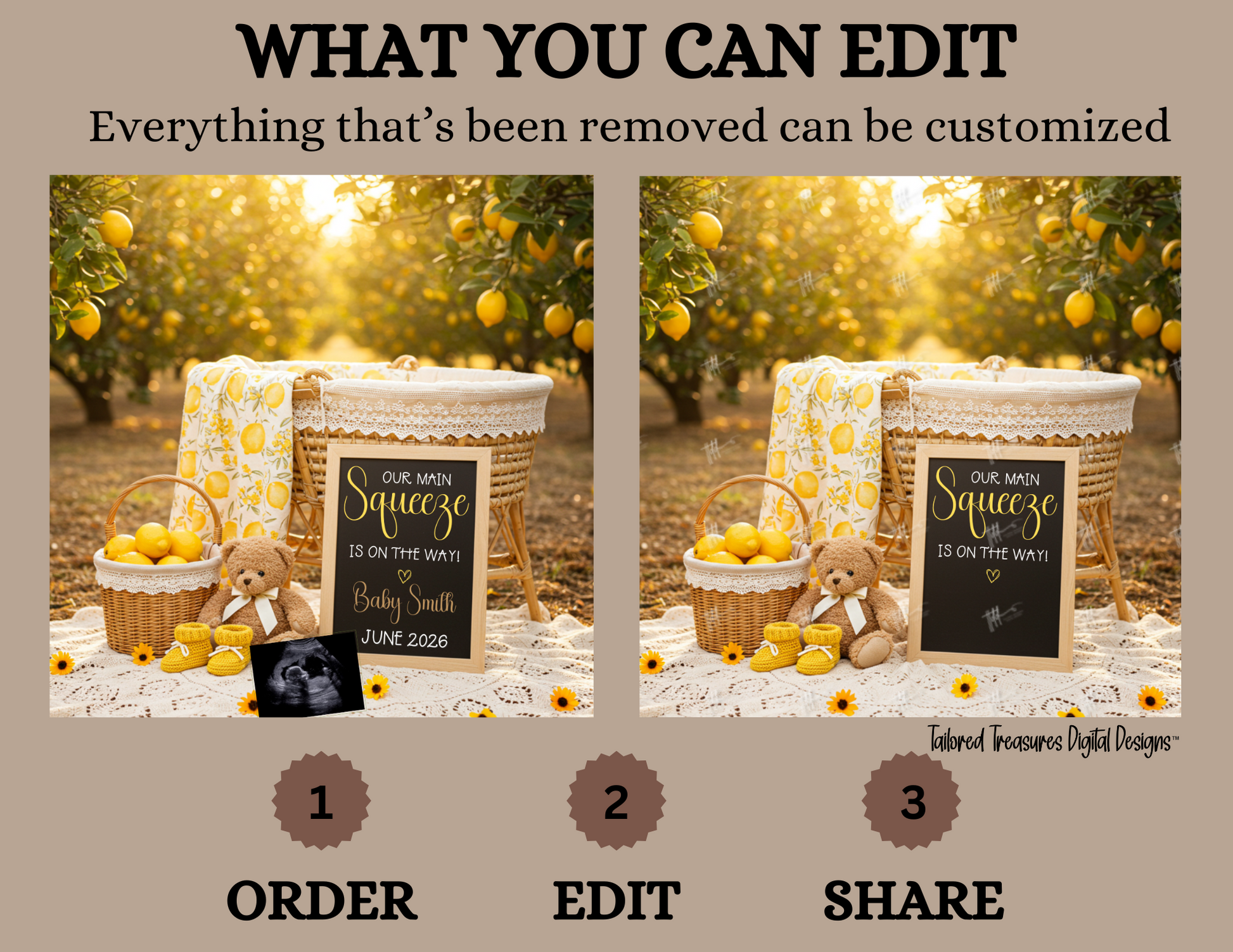 Promotional graphic for customizable photo editing service with a baby shower theme.