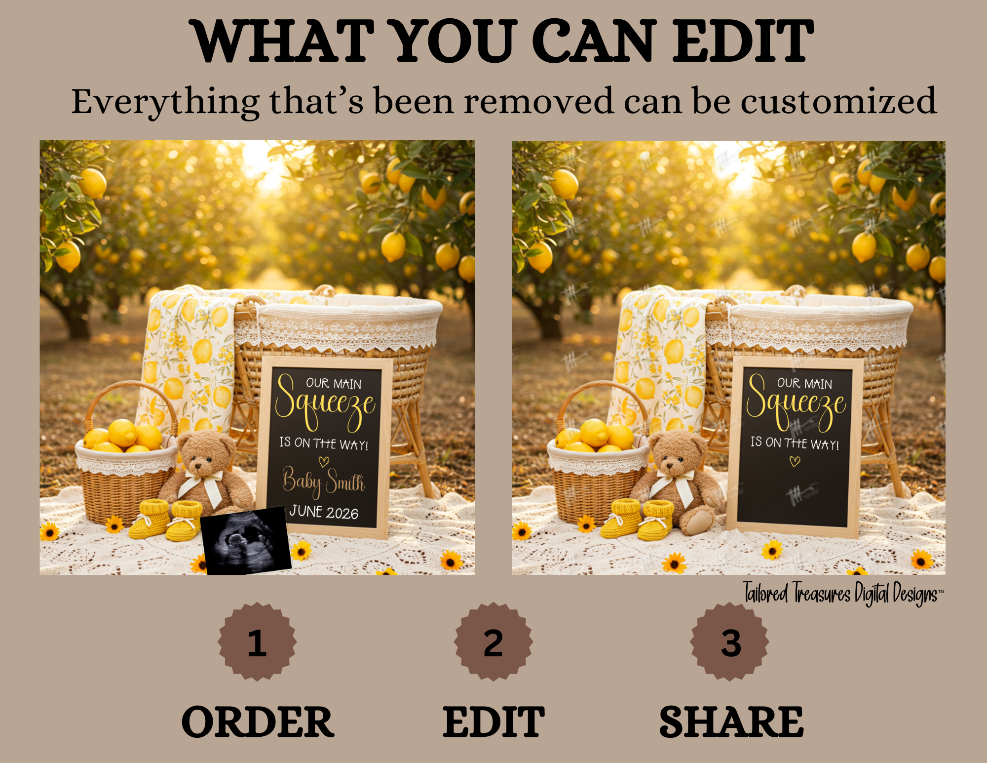 Promotional graphic for customizable photo editing service with a baby shower theme.